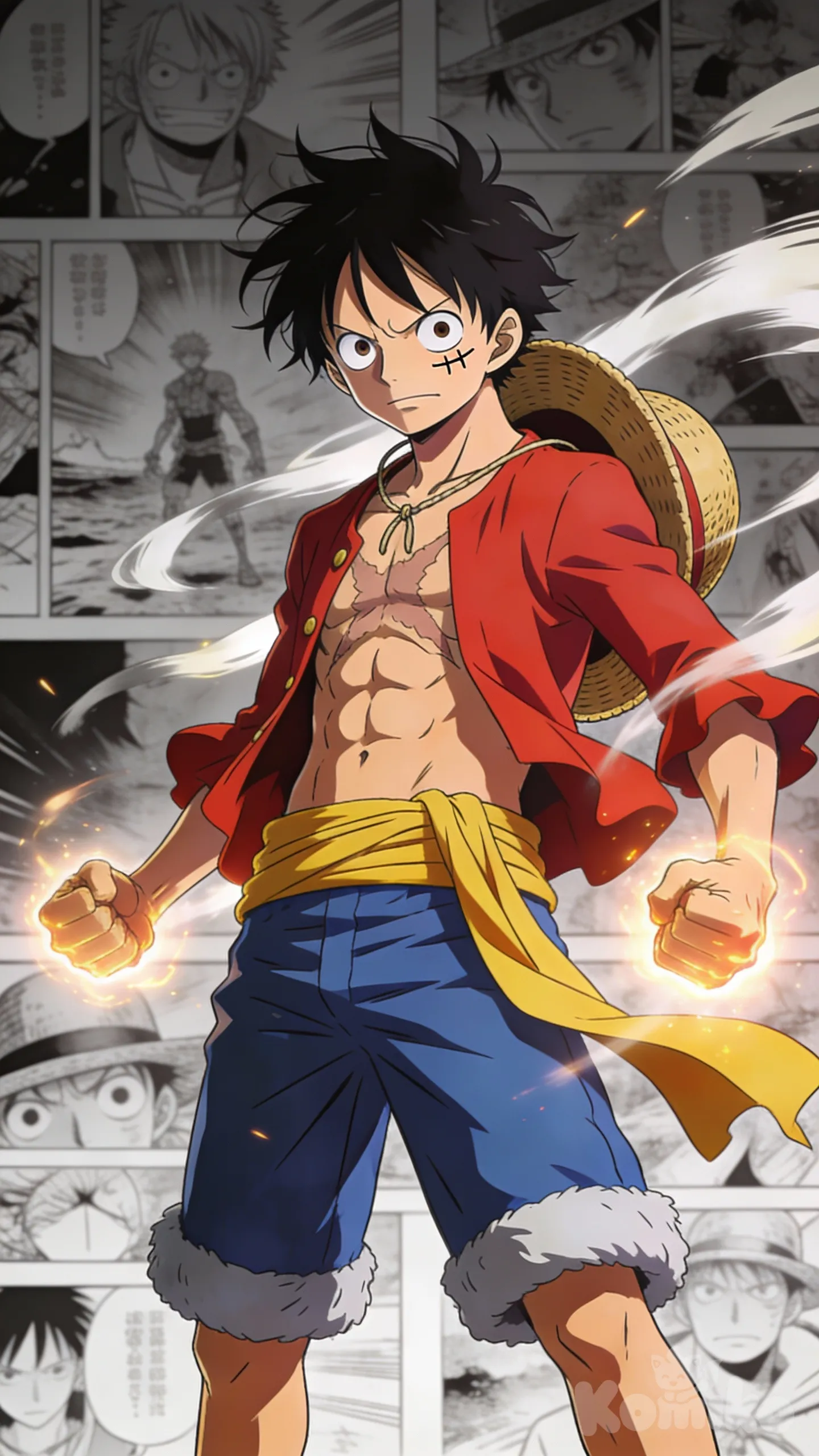 A fearless anime pirate captain inspired by a legendary straw-hat hero, standing confidently in a full-body pose. Messy black hair, wide determined eyes, small scar under one eye, wearing an open red jacket, yellow sash, and blue shorts. Straw hat hanging behind his neck. Strong wind movement in clothing. Fists clenched with subtle haki energy glowing around them. Dramatic cinematic lighting. Background made of grayscale manga panels arranged as a collage, creating depth and contrast. Ultra-anime illustration, sharp line art, vibrant colors, dynamic pose, poster-style composition, vertical format, ultra HD, quality monkey D luffy in hd quality