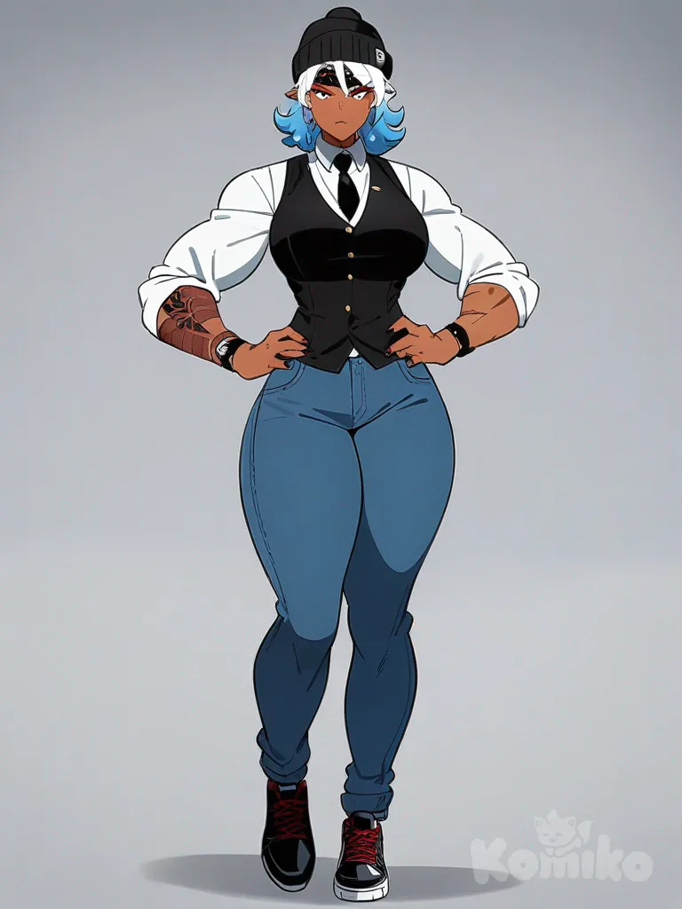 1girl, demon, mature, teenager, muscular, tall, curvy, blue hair, white hair, red eyes, tattoo, scar, tan skin, vest, jeans, plastic, lace, headband, beanie, tie, single character, full body, looking at viewer, anime style, simple background, white background