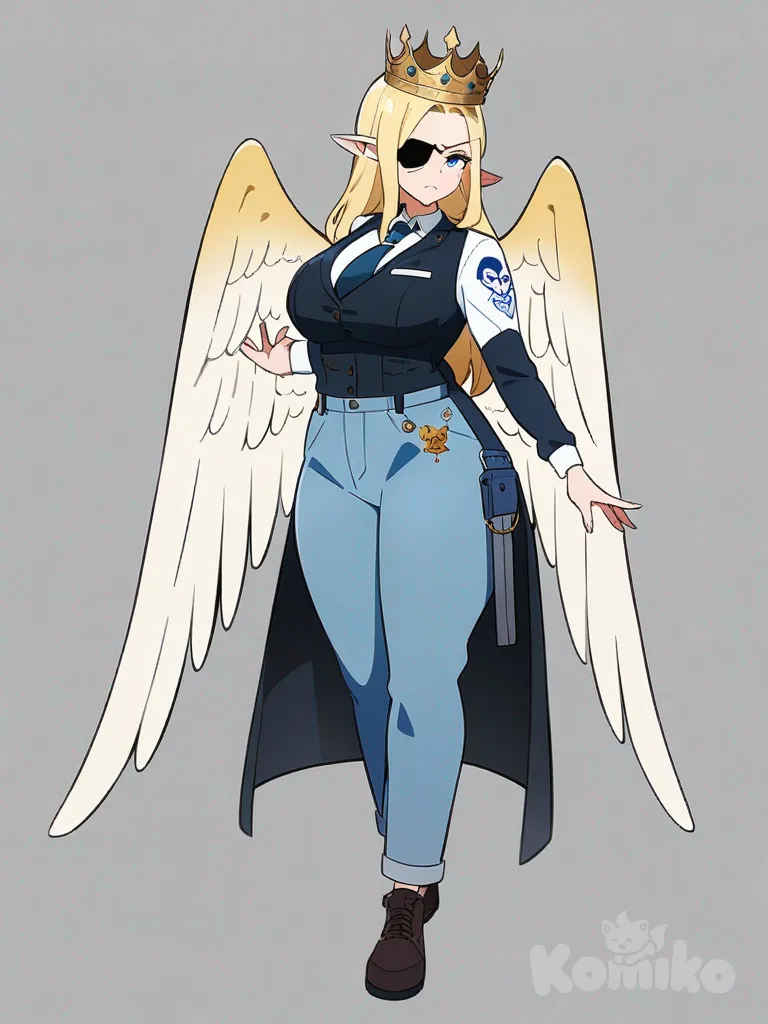 1girl, demon, angel, elf, mature, curvy, mullet, blonde hair, long hair, blue eyes, scar, tattoo, vest, suit, overalls, plastic, tie, angel wings, crown, diamonds, eye patch, single character, full body, looking at viewer, anime style, simple background, white background