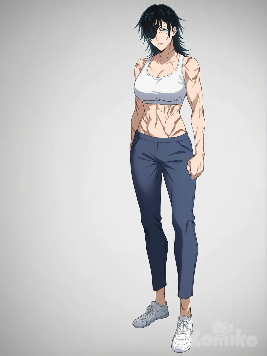 [bright-anime-style] 1girl, mature female, athletic, black_hair, blue_eyes, mullet, scar, eyepatch, jujutsu_kaisen_(style), single character, full body, looking_at_viewer, anime style, simple_background, white_background