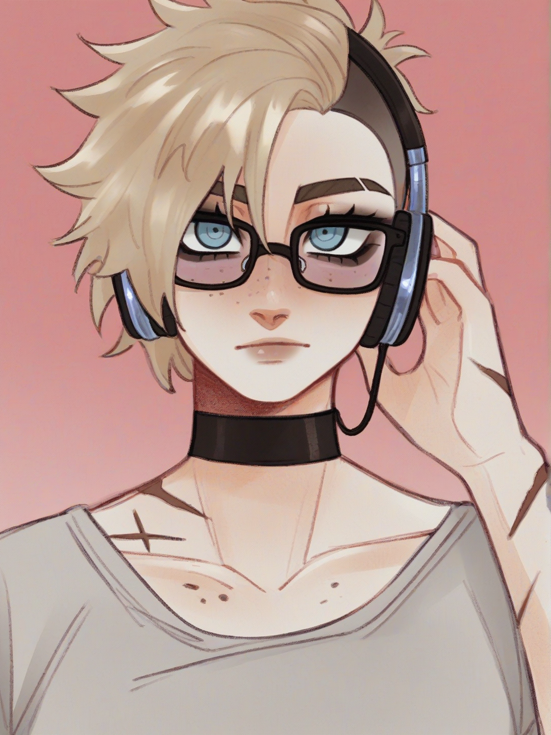 [soft-shaded-moe-style] 1girl, original_character, naruto_(series), teenager, tall_(body), athletic, undercut, blonde_hair, pink_hair, blue_eyes, pink_eyes, scar, freckles, fair_skin, choker, headphones, glasses, single_character, full_body, looking_at_viewer, anime_style, simple_background, white_background