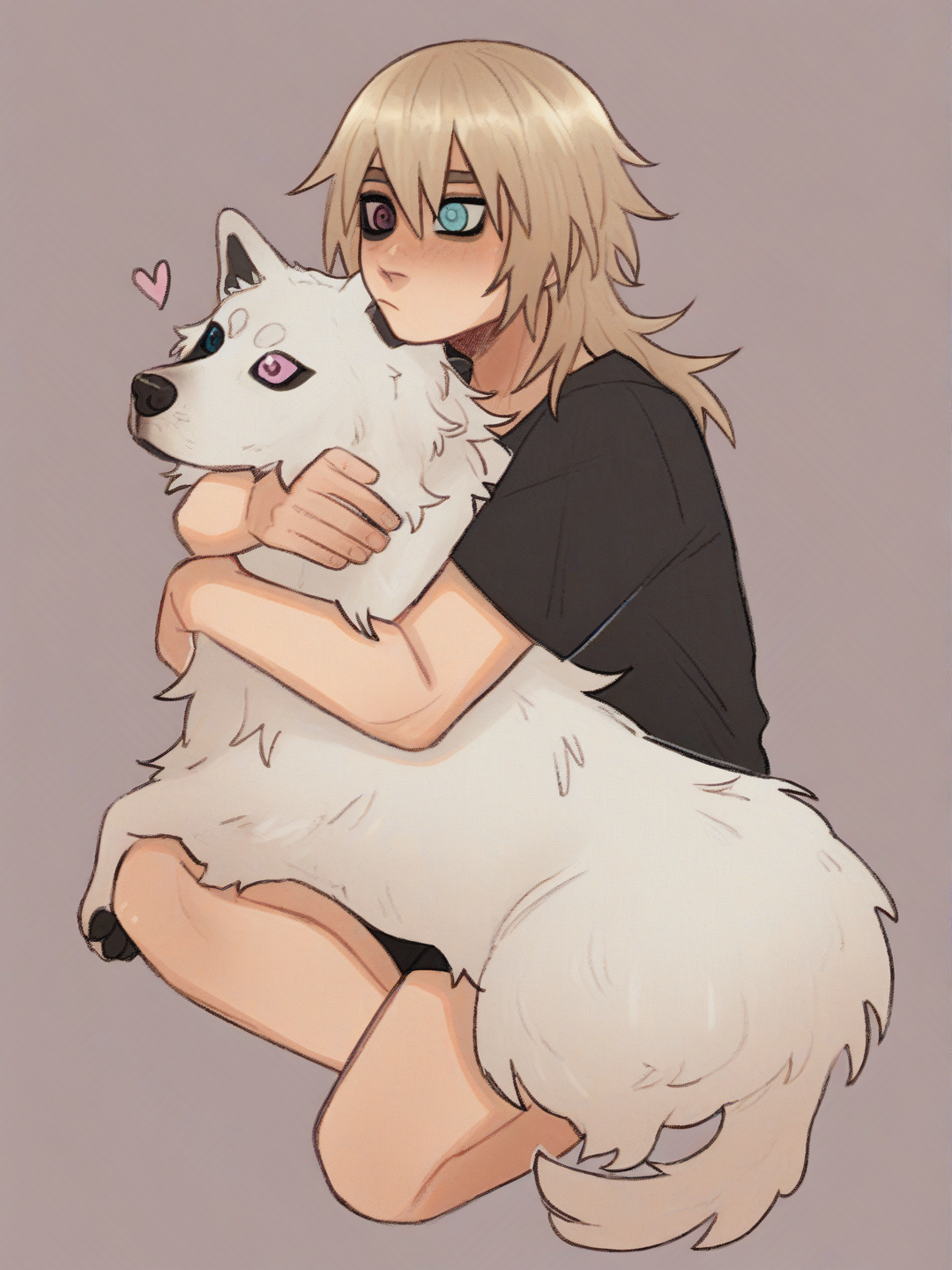 [soft-shaded-moe-style] 1boy, naruto_style, original_character, teenager, curvy, short, blonde_hair, mullet, heterochromia, blue_eyes, pink_eyes, fair_skin, dog, single_character, full_body, looking_at_viewer, anime_style, simple_background, white_background