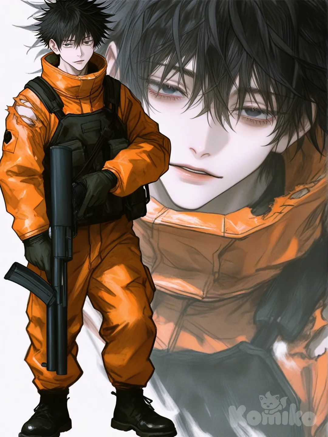 [semi-realistic-portrait-style] 1boy, tall, slim, black_hair, curly_hair, black_eyes, pale_skin, torn_clothes, hazmat_suit, holding_shotgun, jujutsu_kaisen, single character, full body, looking at viewer, anime style, simple background, white background