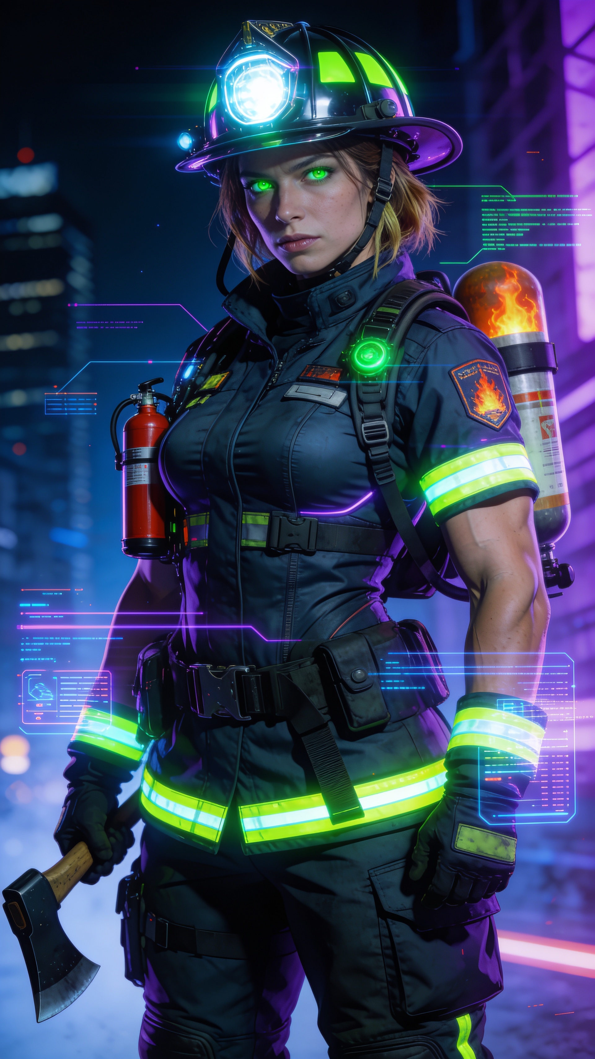 A 2150 future scifi firefighting woman. 30 years old. 1,80m high, 75kg, muscular, Brownblond hair, neongreen eyes. Firefighting clothes, including fire extinguisher, helmet and axe.
But also dressed very feminin, curves are emphased. Very "ghost in the shell" 2016 style. But with even more neon