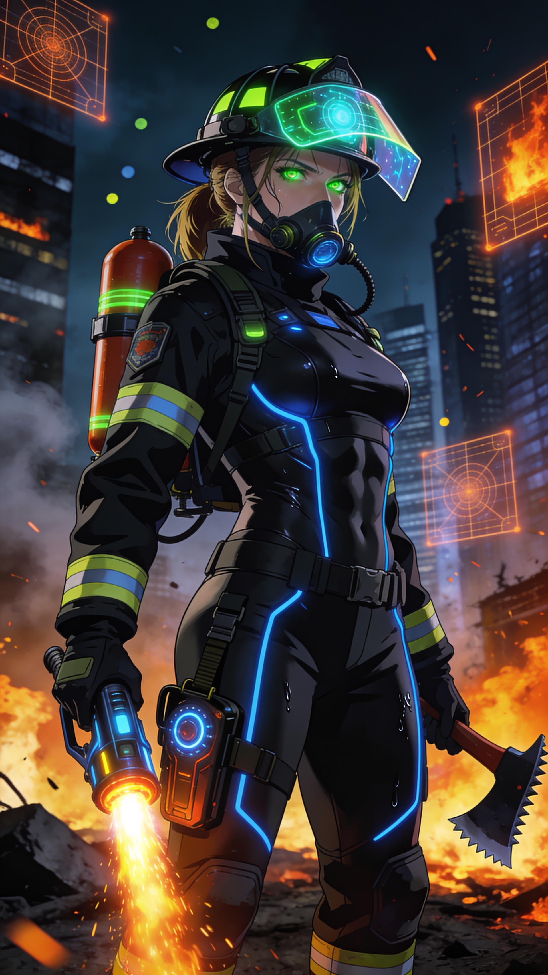 A 2150 future scifi firefighting woman. 30 years old. 1,80m high, 75kg, muscular, Brownblond hair, neongreen eyes. Firefighting clothes, including fire extinguisher, helmet and axe.
But also dressed very feminin, curves are emphased. Very "ghost in the shell" 2016 photo realistic anime style.