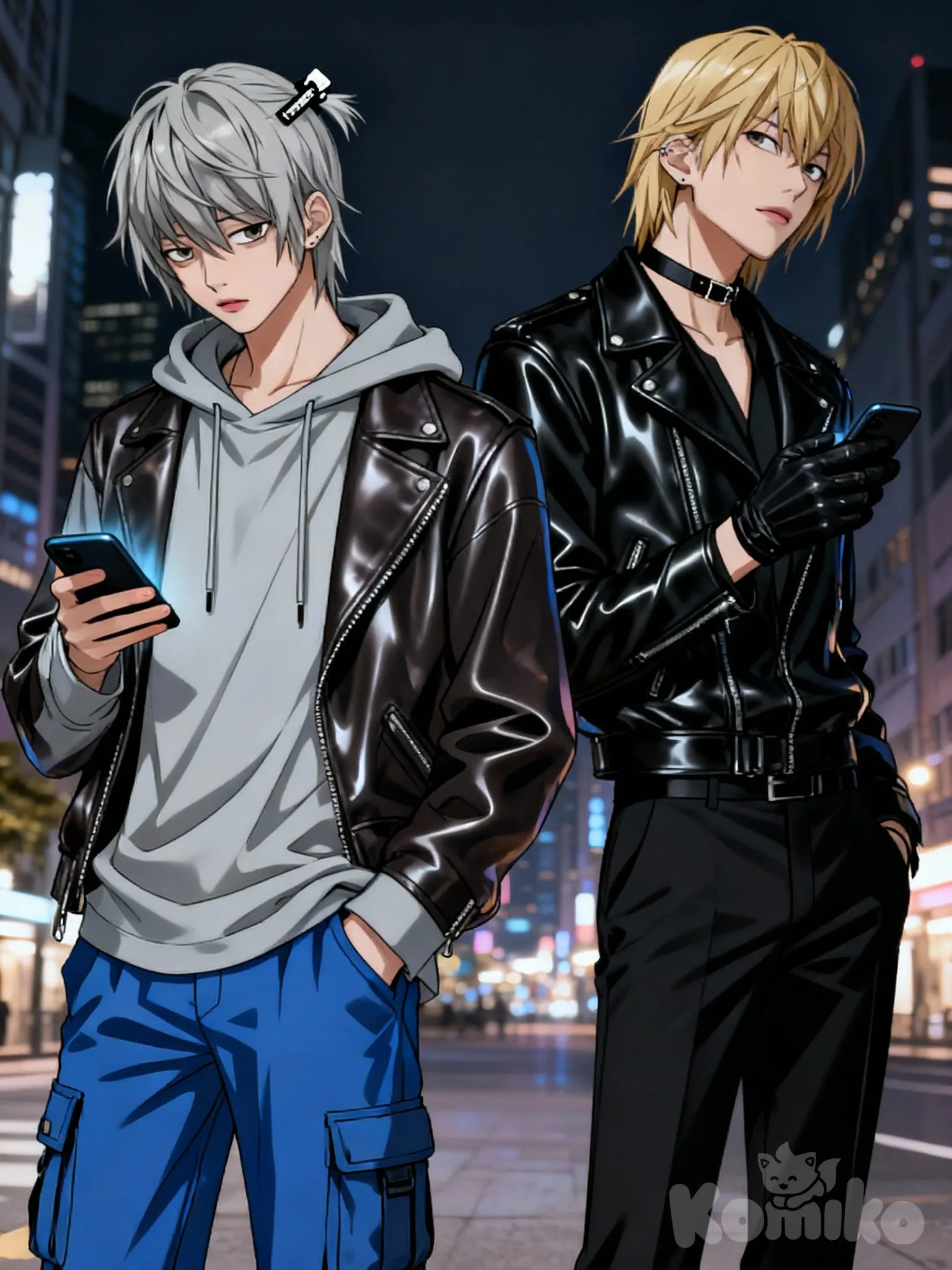 2boys, @Near, [semi-realistic-portrait-style], hands in pockets, looking at phone, expressionless, hoodie, leather jacket, cargo pants, suit pants, hairpin, hair accessory, @Mello, choker, headshot, full body, looking at viewer, looking away, ambient light, cityscape