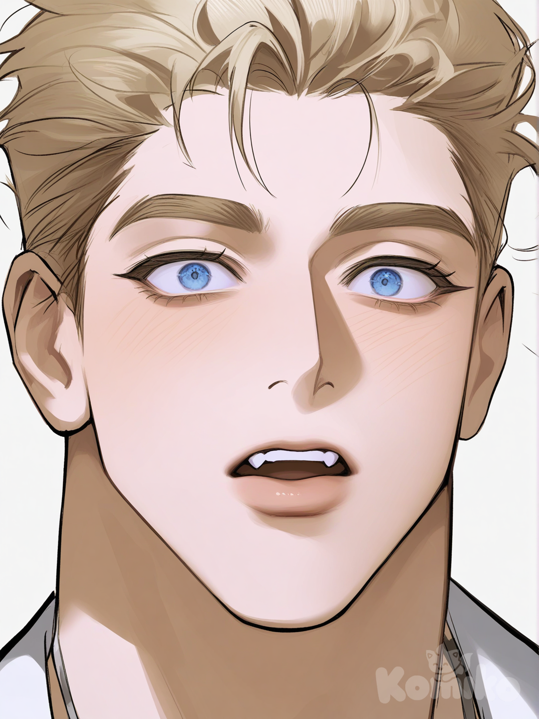 [muscular-manhwa-style]chico rubio, ojos azules, cabello peinado hacia atras, rostro sorpendido, rubor vergüenza , headshot, portrait, close up