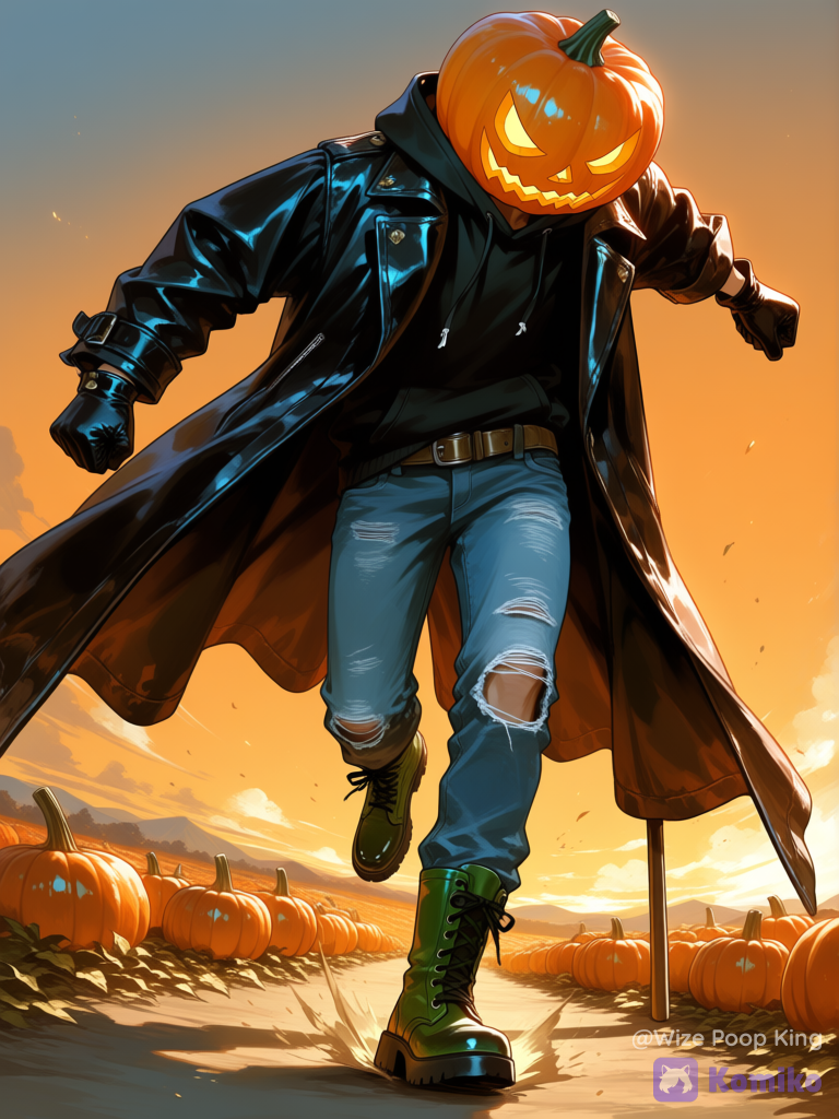 1character, male, solo, @merv-pumpkinhead-fWUN farm boy, pumpkin harvesting, low angle, in motion, dynamic, absurdres, [sensual-glossy-style]