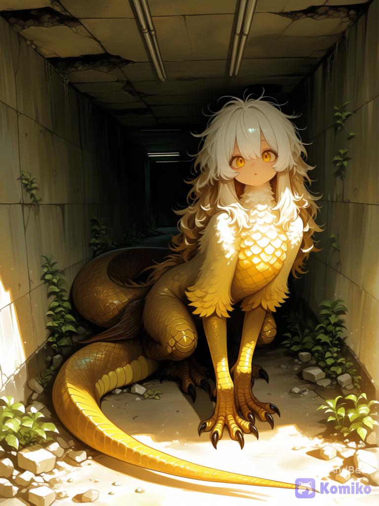 A girl with two dragon-like legs covered in yellow scales, a torso covered in brown feathers, human arms and hands, messy long white and brown hair, and a snake tail with a snake head at the end standing in an abandoned underground room looking at the viewer with curiosity. She is strangely cute yet otherworldly. The ceiling is crumbling and plants are pushing through the concrete. Dramatic lighting, high detail, 8k., [sensual-glossy-style]