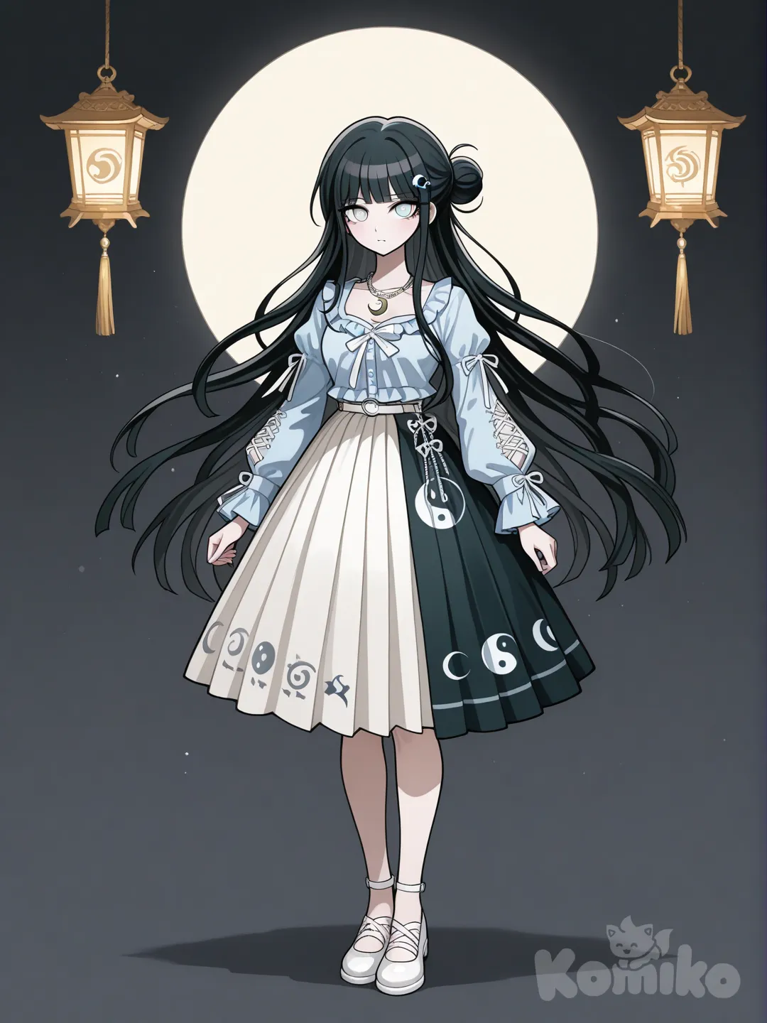 аниме девушка(стиль данганронпы)
Чёрные волосы, белые глаза, бледно-голубая блузка, рукава фонарики, чёрно белая юбка солнце с узором инь-янь, кулон с полумесяцем серебряный. Рост 165. Распущенные волосы, 1 ПУЧОК на макушке