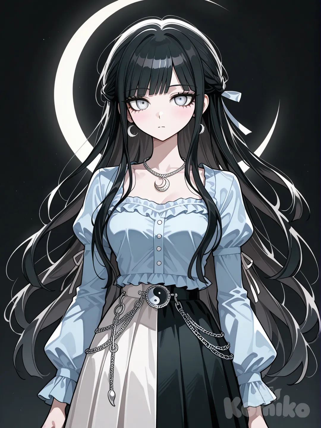 аниме девушка(стиль данганронпы)
Чёрные волосы, белые глаза, бледно-голубая блузка, рукава фонарики, чёрно белая юбка солнце с узором инь-янь, кулон с полумесяцем серебряный. Рост 165. Распущенные волосы, 1 ПУЧОК на макушке(мальвинка)