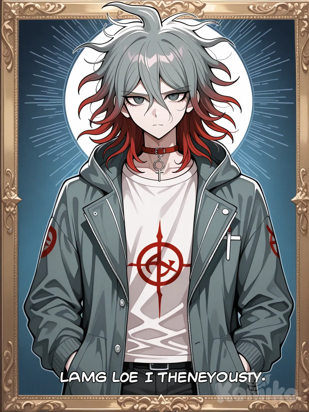 аниме парень в стиле данганронпы. Психиатр. Пепельные волосы с бордовыми конциками волос(градиент от основного пепельного-серого к бордовым кончикам волос), чёрные глаза, серый оверсайз пиджак без пуговиц, под ним бледно-красная футболка, тёмно красный чокер-ошейник с небольшоц подвмеской в виде креста, чёрные штаны карго. Рост 176. изображение по пояс, спокойный, наблюдающий холодный и задумчивый взгляд, поза расслабленная, серьёзный, оценивающий
Описание причёски: причёска средней длины с выраженной небрежностью. Волосы уложены хаотично, с рваной текстурой. Передние пряди частично закрывают лоб и глаза, создавая загадочный образ. Боковые пряди слегка удлинённые, с мягкими неровными концами, обрамляют лицо. Верхняя часть волос приподнята, с несколькими торчащими прядями для дополнительного объёма и динамики. Кончики волос выглядят слегка растрёпанными.