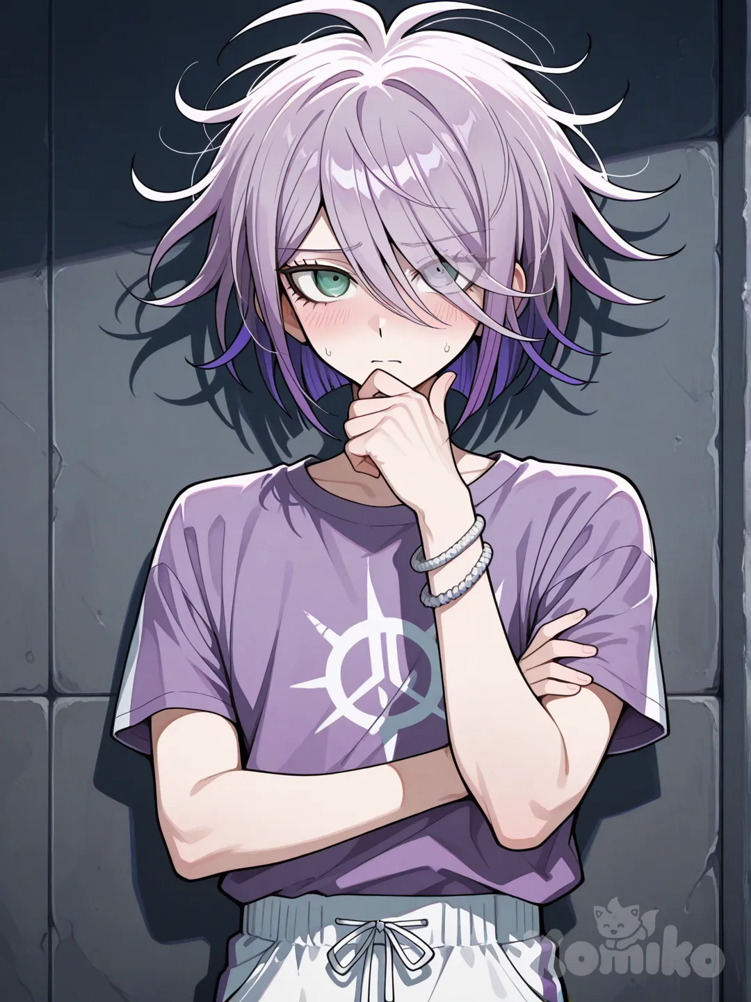 Аниме парень(стиль данганронпы)Рост 155 вес 42. Пурпурно-сиреневые волосы, чёлка забрана на бок и немного прикрывает левый глаз, тёмно-серые глаза, сиренево-фиолетовая футболка(двухцветная), бело-серые шорты, два браслета на левой руке сиреневый и белый
каре (ниже подбородка), рваная текстура, удлинённая асимметричная чёлка (частично закрывает глаз), виски чуть короче затылка, рыхлая текстура, прикорневой объём, неровные острые кончики. Изображение по пояс
Замкнутый, тихий, одна рука держится за предплечье другой, неуверенный, глаза открыты