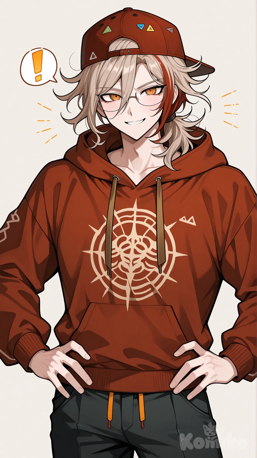 Аниме парень геймдев(стиль данганронпы) Рост 184. Светло-русые волосы, половина чёлки тёмно красная чёлка(волосы имеют 2 цвета) оранжевые глаза, очки с тонкой оправой. Тёмно-красная толстовка, кепка одетая козырьком назад коричневого цвета, на кепке восклицательный знак в жёлтом треугольнике, чёрные штаны. Позитивный, энергичный, доброжелательный, изображение по пояс, руки на поясе
Описание причёска: средняя длина, небрежная текстура, удлинённая асимметричная чёлка (частично закрывает глаза), объём на макушке, боковые пряди короче, сзади — хвост с резинкой, завитые пряди у ушей, рыхлая текстура, неровные кончики, расслабленный уличный стиль