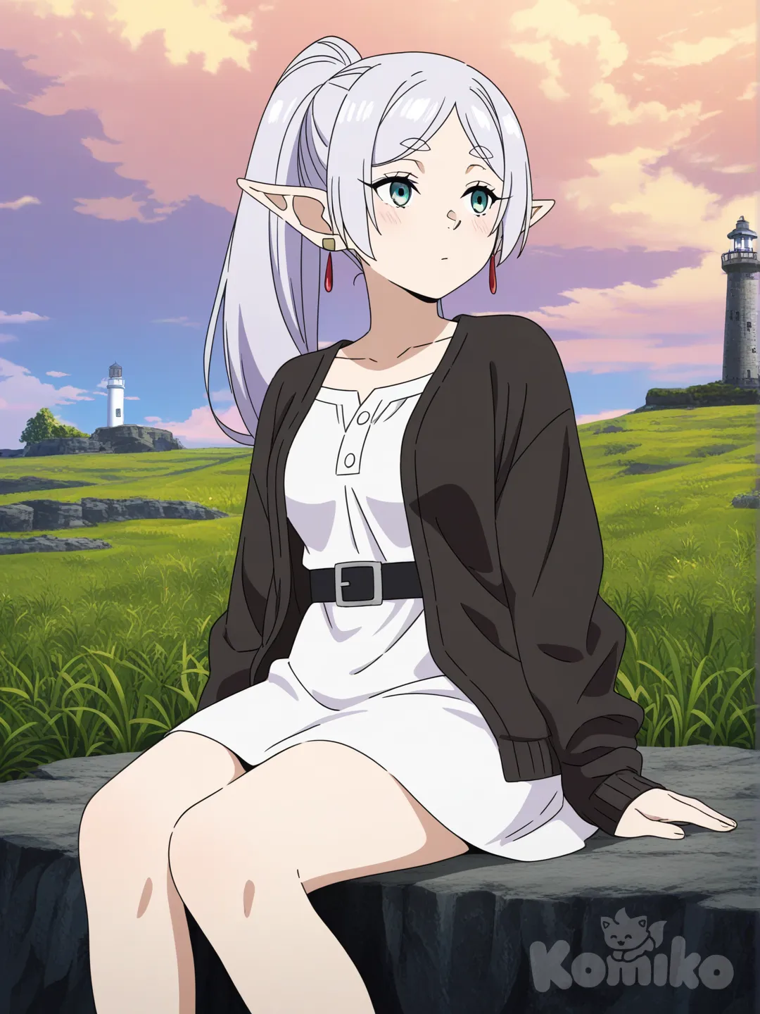 1girl, frieren, pointy_ears, solo, long_hair, sitting, outdoors, breasts, elf, ponytail, dress, sky, lighthouse, grass, cloud, white_dress, belt, jewelry, earrings, white_hair, long_sleeves, medium_breasts, bangs, cardigan, very_long_hair, thighs, blue_eyes, blush, open_clothes, tower , [pop-anime-style]