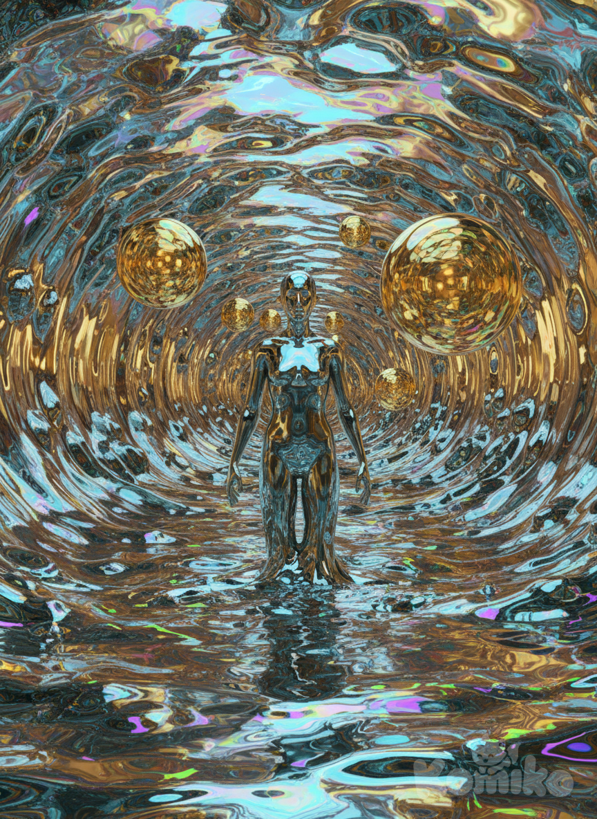 central human figure is partially melting into the environmen