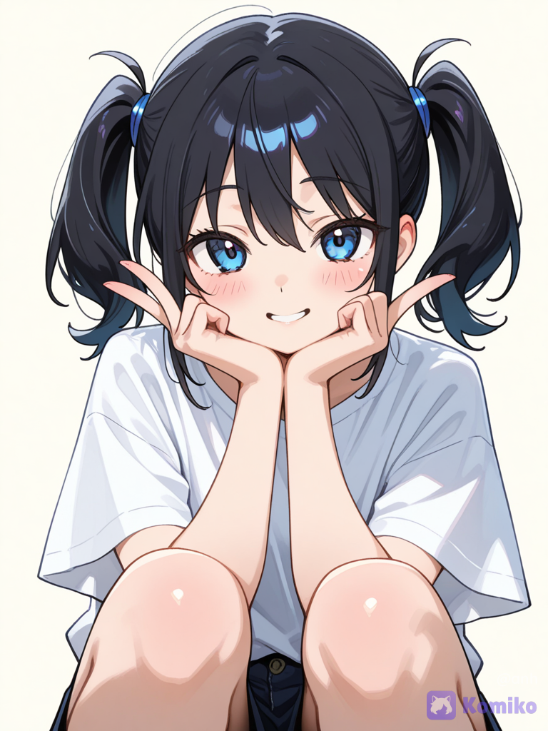 v sign, hand gesture, solo, 1girl, peace sign, looking at viewer, smile, casual, simple background, @linh-chi-ERW4, sitting cross-legged