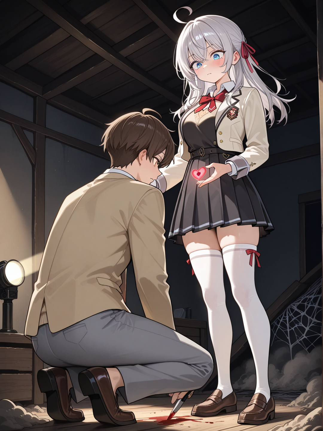 @Alisa_Mikhailovna_Kujou and @Masachika_Kuze find a beating hear stabbed with a black pin in their moldy attic covered in cobwebs serious tone