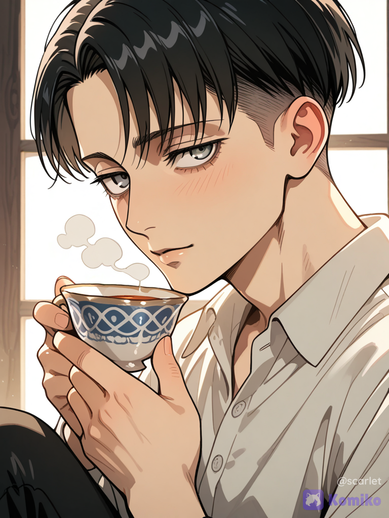 @Levi_(Shingeki_No_Kyojin) drinking a cup of tea. Make it cute and also attractive.