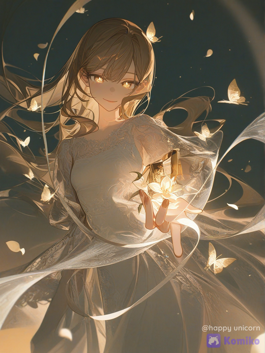 A breathtaking ethereal young woman with an angelic face, graceful posture, and an elegant silhouette. Her most striking feature is her exquisite porcelain hands—long, slender fingers with delicate joints, smooth ivory skin, elegant natural nails with a subtle pearlescent sheen, soft graceful gestures, and refined feminine elegance. Her hands are gently extended toward the viewer as if presenting a glowing flower of light. She has luminous fair skin, expressive crystal-like eyes, long flowing silky hair that dances in the wind, and a serene, enchanting smile. She wears an elegant fantasy gown made of flowing silk, lace, translucent fabrics, and delicate embroidery with subtle gold accents. The composition highlights both her beautiful face and her graceful hands, with the hands prominently displayed in the foreground while remaining anatomically correct and naturally proportioned. Soft sunlight wraps around her fingers, creating gentle rim lighting and translucent skin effects. Surrounded by floating flower petals, glowing butterflies, sparkling particles, blooming roses, lilies, and cherry blossoms in an enchanted garden during golden hour. Dreamlike atmosphere, volumetric lighting, cinematic composition, shallow depth of field, ultra-skin texture, realistic anatomy, elegant posing, fantasy realism, semi-realistic, Unreal Engine 5, Octane Render, ray tracing, HDR, 8K, highly award-winning digital illustration., [high-contrast-glossy-style]