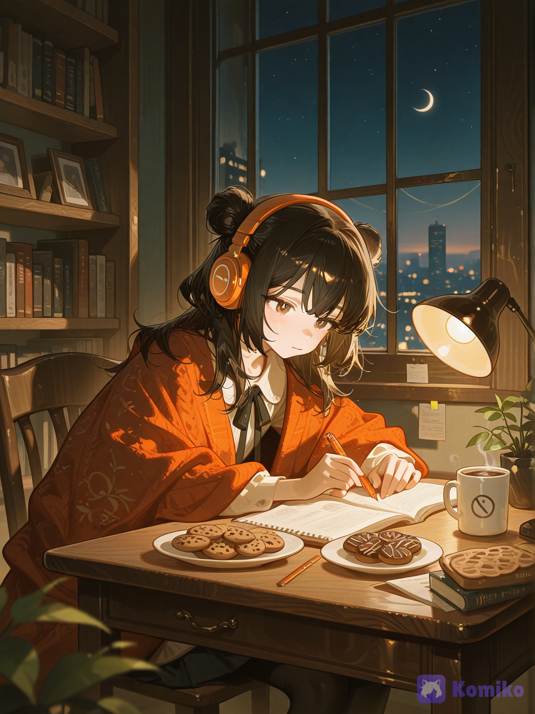 beautiful anime illustration, authentic hand-drawn style, cozy nighttime study aesthetic, soft watercolor texture, delicate lineart, Pinterest-worthy illustration, 1 beautiful young woman, naturally elegant facial features, high nose bridge, smooth porcelain skin with a soft matte finish, expressive warm brown eyes, long curled eyelashes, soft natural blush, gentle focused expression, long silky jet-black hair with a deep violet gradient, elegant messy bun hairstyle, a few loose strands framing her face, luxurious smooth hair with a natural shine, wearing clean white over-ear headphones, sitting comfortably at a warm wooden study desk, deeply focused on solving an IELTS Listening practice test, holding a mechanical pencil with long, slender, graceful fingers, elegant feminine hands with realistic anatomy, naturally writing on an IELTS answer sheet, open Cambridge IELTS books, English vocabulary notebook, colorful sticky notes, pastel highlighters, pens, dictionary, neatly organized study materials, a ceramic mug of hot chocolate with visible steam, small chocolate cookies on a plate, a warm amber desk lamp illuminating the desk, soft fairy lights in the background, bookshelf filled with books, small indoor plants, cozy blanket draped over the chair, outside the window is a peaceful deep navy-blue night sky with a crescent moon, a few twinkling stars, distant city lights softly blurred, gentle rain droplets on the window creating a relaxing atmosphere, a **large circular magnified callout** floating beside the desk, zooming into the IELTS paper, clearly displaying: **IELTS**
**Listening** clean official exam-style typography, answer boxes, question numbers, crisp infographic magnifier effect, warm amber lighting, soft shadows, cream, walnut wood and dark navy color palette, calm, peaceful, productive, relaxing, lofi study vibe, hygge atmosphere, cinematic cozy night, natural proportions, elegant composition, minimal clutter, authentic anime illustration, NOT AI glossy, [high-gloss-illustration-style]