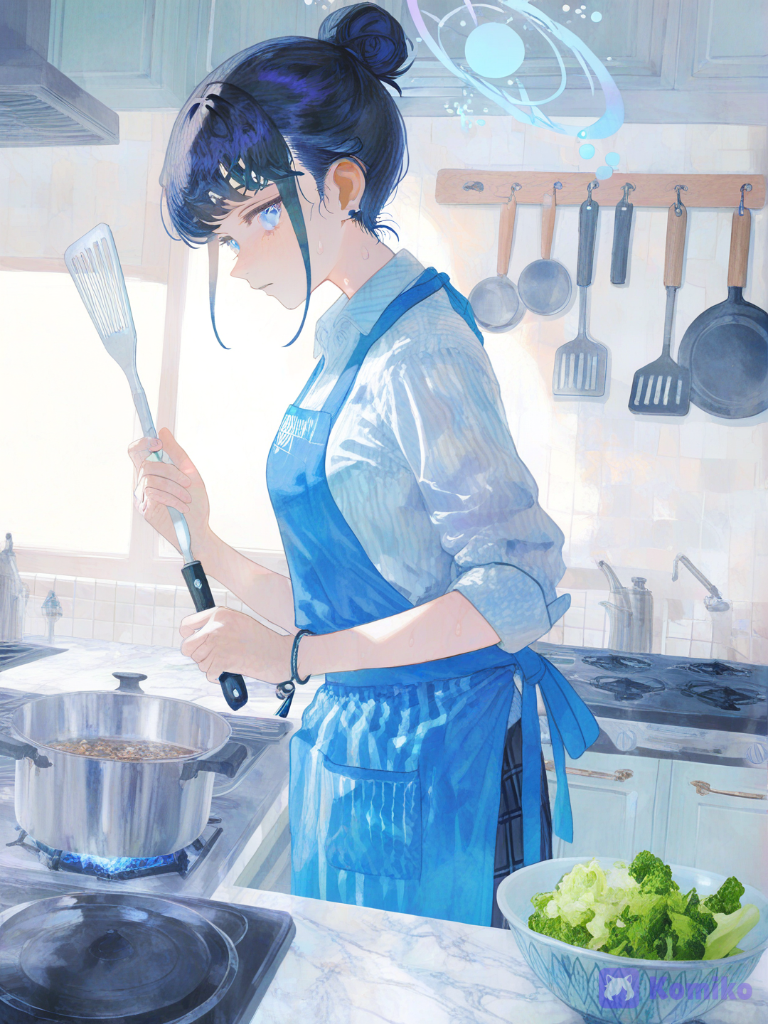 [watercolor-illustration-style]Soft watercolor-style illustration of a young woman cooking in a cozy kitchen, viewed from a side three-quarter angle. She has long black hair tied up in a messy high bun with loose strands falling around her face and neck. She is looking down with a calm, focused expression. She wears a light blue and white striped button-up shirt with sleeves rolled up to the elbows, a long blue apron tied at the back with a bow, a small earring, and a thin bracelet on her wrist. She is standing at a stove, holding a wooden spatula in one hand and stirring a pan with food. There is a frying pan with green vegetables and red pieces on the stove, a metal pot nearby, and another bowl with ingredients. Kitchen background includes white tiled walls, hanging pots and utensils, a range hood, and soft natural light coming from the side. Delicate watercolor texture, soft blue and white color palette, gentle shading, peaceful domestic atmosphere, highly