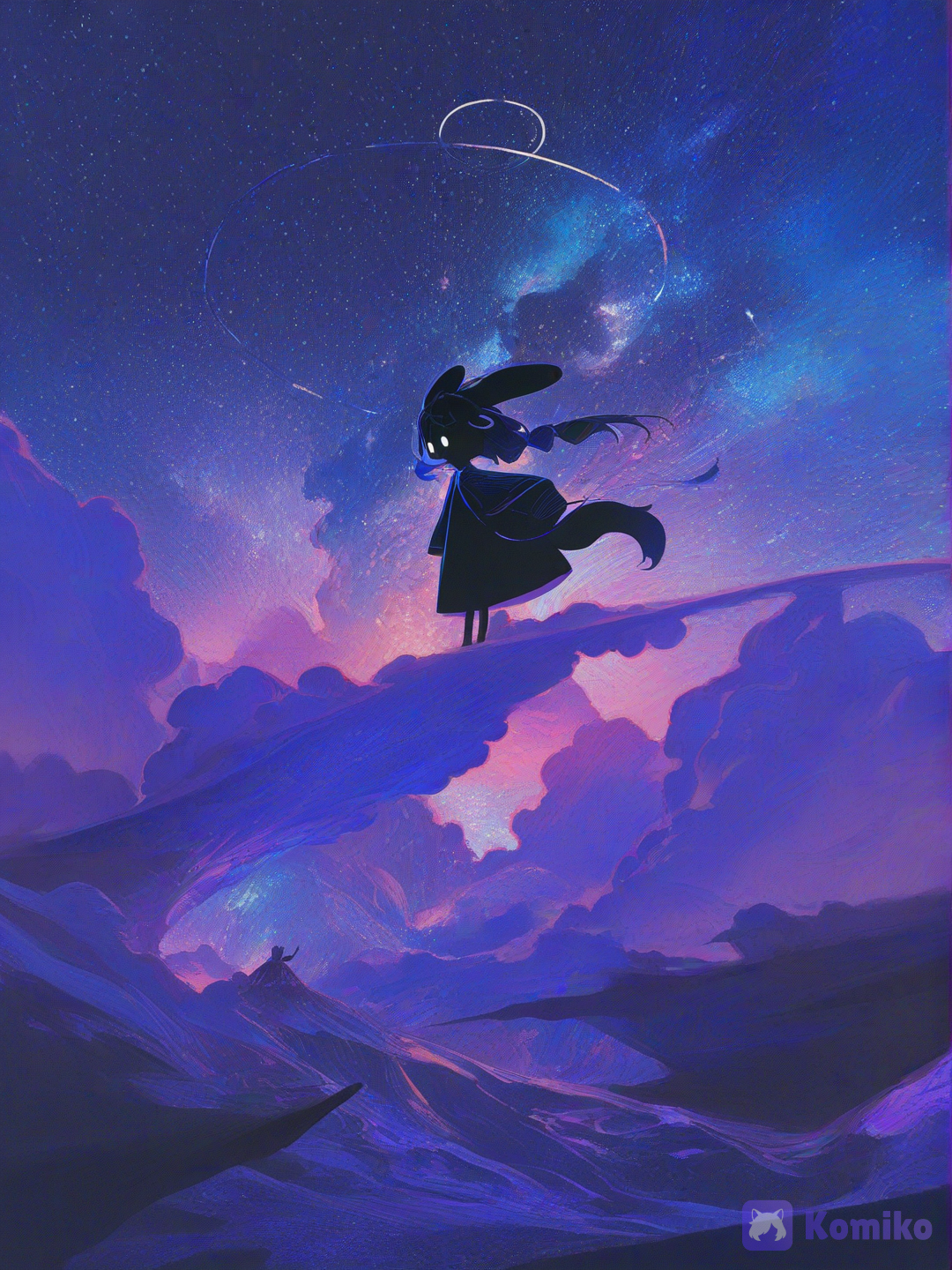 A mesmerizing cosmic fantasy illustration of a mysterious fluffy black rabbit floating weightlessly through deep outer space. The rabbit is portrayed entirely as a dark silhouette with incredibly soft, long, voluminous fur that gently billows as if suspended in zero gravity. No facial features are visible except for two perfectly round glowing white eyes, creating an eerie yet adorable expression. Its head is slightly tilted toward the viewer, giving a curious, innocent, almost supernatural personality. The rabbit has exceptionally long upright ears extending elegantly upward, with subtle blue-violet highlights tracing their edges. One front paw is raised near its chest while the other rests naturally, creating a playful floating pose. The hind legs are loosely extended, and the fluffy tail curls softly behind, emphasizing the sensation of drifting effortlessly through space. The background is an expansive celestial nebula filled with luminous clouds of electric blue, indigo, deep violet, magenta, and hints of cyan. These colorful gases blend seamlessly like watercolor galaxies while maintaining brilliant contrast against the surrounding darkness. Thousands of tiny stars scatter across the composition with varying brightness and scale, adding immense depth. Several large radiant eight-pointed stars shine intensely throughout the scene, acting as focal points. Their crisp white glow softly blooms into surrounding shades of blue and purple, producing a magical dreamlike atmosphere. Thin curved light trails arc gracefully around the rabbit, suggesting orbital motion and enhancing the cosmic composition. The rabbit's silhouette is rim-lit with vibrant neon blues, violets, and pinks, allowing the fluffy fur texture to remain visible despite the nearly black body. The lighting creates an ethereal halo around the character, making it appear as though it is absorbing the colors of the galaxy itself. The overall composition is portrait-oriented, centered, and highly balanced with cinematic framing. The atmosphere feels peaceful, mysterious, whimsical, and enchanting rather than frightening. The image combines soft painterly digital brushwork with subtle glow effects, smooth gradients, and high-detail fur rendering. Every nebula cloud should appear luminous and rich in color, with seamless transitions between indigo, ultramarine, cyan, lavender, and magenta. Highly fantasy digital painting, celestial dreamscape, cosmic rabbit spirit, galaxy aesthetic, glowing nebula clouds, magical starlight, ultra-soft fur, luminous rim lighting, rich contrast, deep space atmosphere, vibrant purple-blue color palette, painterly premium concept art, whimsical fantasy illustration, 8K, HDR, ultra high resolution, breathtaking lighting, magical ambience., [high-contrast-glossy-style]