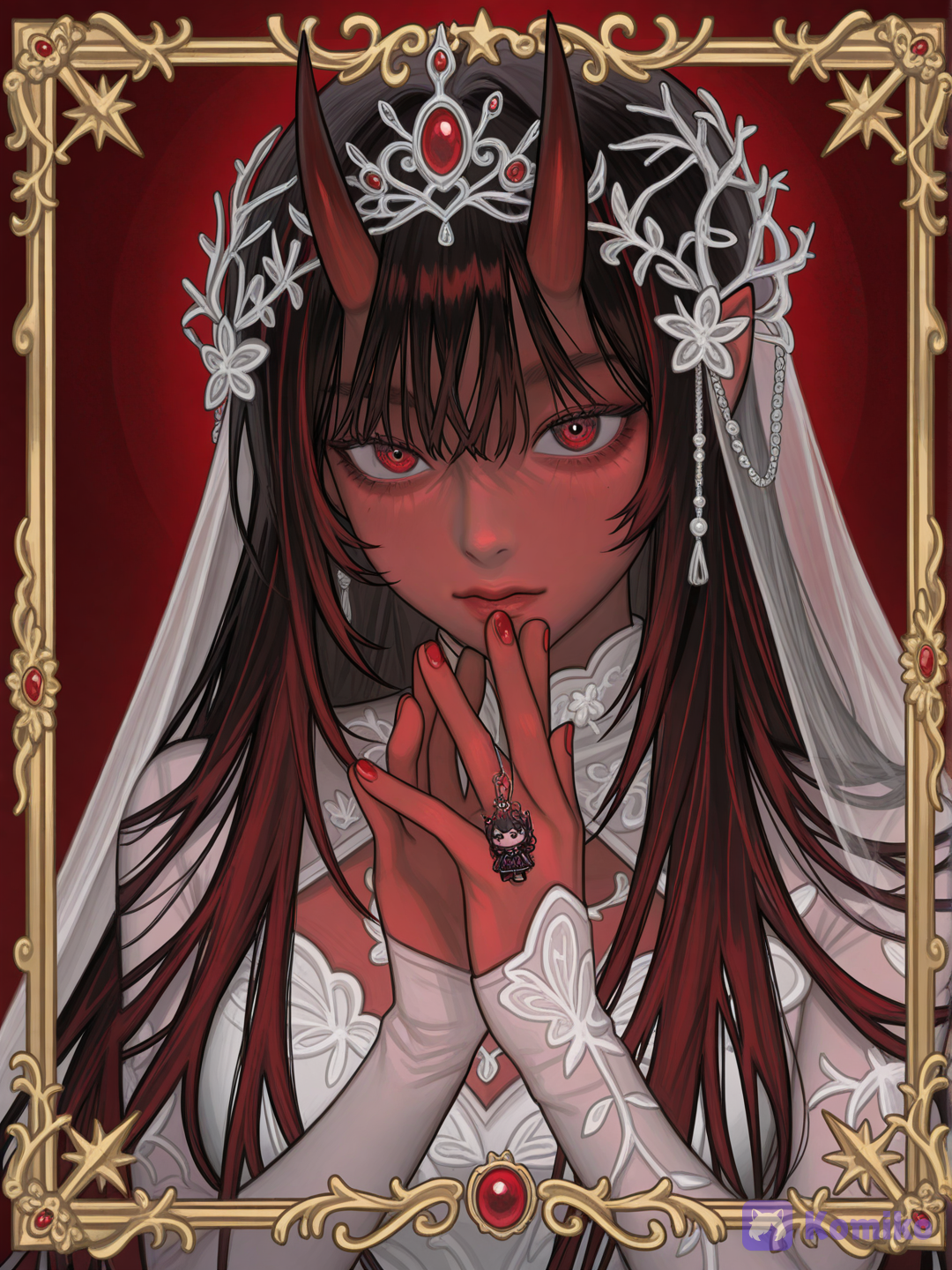Oni Bride, elegant supernatural bridal portrait, single female character, three-quarter frontal view, upper-body to waist composition, character occupying the lower and central portion of the frame, slightly positioned toward the lower center, large negative space above her head, deep crimson monochromatic background, subtle dark red gradient, large faded traditional oni wedding emblem centered in the upper background, the emblem clearly visible and unobstructed, long flowing black hair, softly layered hair without excessive individual strand detailing, two elegant curved crimson oni horns emerging from an elaborate bridal headdress, extremely ornate traditional East Asian bridal crown, intricate gold filigree, red gemstones, blue gemstones, pearls, dangling beaded ornaments, delicate golden chains, floral ornaments, long jeweled tassels framing the face, translucent red bridal veil flowing behind her, luxurious deep red ceremonial wedding robe, layered sleeves, rich crimson fabric, deep navy and royal blue embroidered panels, intricate gold floral embroidery, red flowers, subtle purple and lavender fabric accents, fine pearl borders, ornate gold waist ornament, elegant layered collar, one hand raised near her lips holding a small red wedding charm, the other hand extended gracefully to the side with delicate fingers, thin scarlet red threads wrapped around her fingers and wrists, several red threads extending diagonally across the composition, symbolizing an unbreakable fated bond, glowing translucent butterflies around her, tiny warm golden particles, subtle crimson petals, dramatic but soft lighting, warm golden highlights on jewelry, cool blue-purple reflections in the clothing and ornaments, strong red and gold dominant palette with carefully balanced blue, violet and pink accents, luminous jewelry, refined contrast, atmospheric depth, delicate soft rim lighting around the silhouette, elegant dark fantasy, Japanese folklore inspired, mystical wedding ritual atmosphere, hauntingly beautiful, sophisticated anime illustration, painterly digital art, polished linework, soft painterly rendering, rich layered colors, intricate ornamental design, balanced composition, clean visual hierarchy, cinematic portrait, highly cohesive color palette, no modern elements, no extra characters, no second bride, no duplicate person, no excessive hair strands, no cluttered background, no oversized character covering the upper emblem, no full body, no text, [digital-painterly-style]