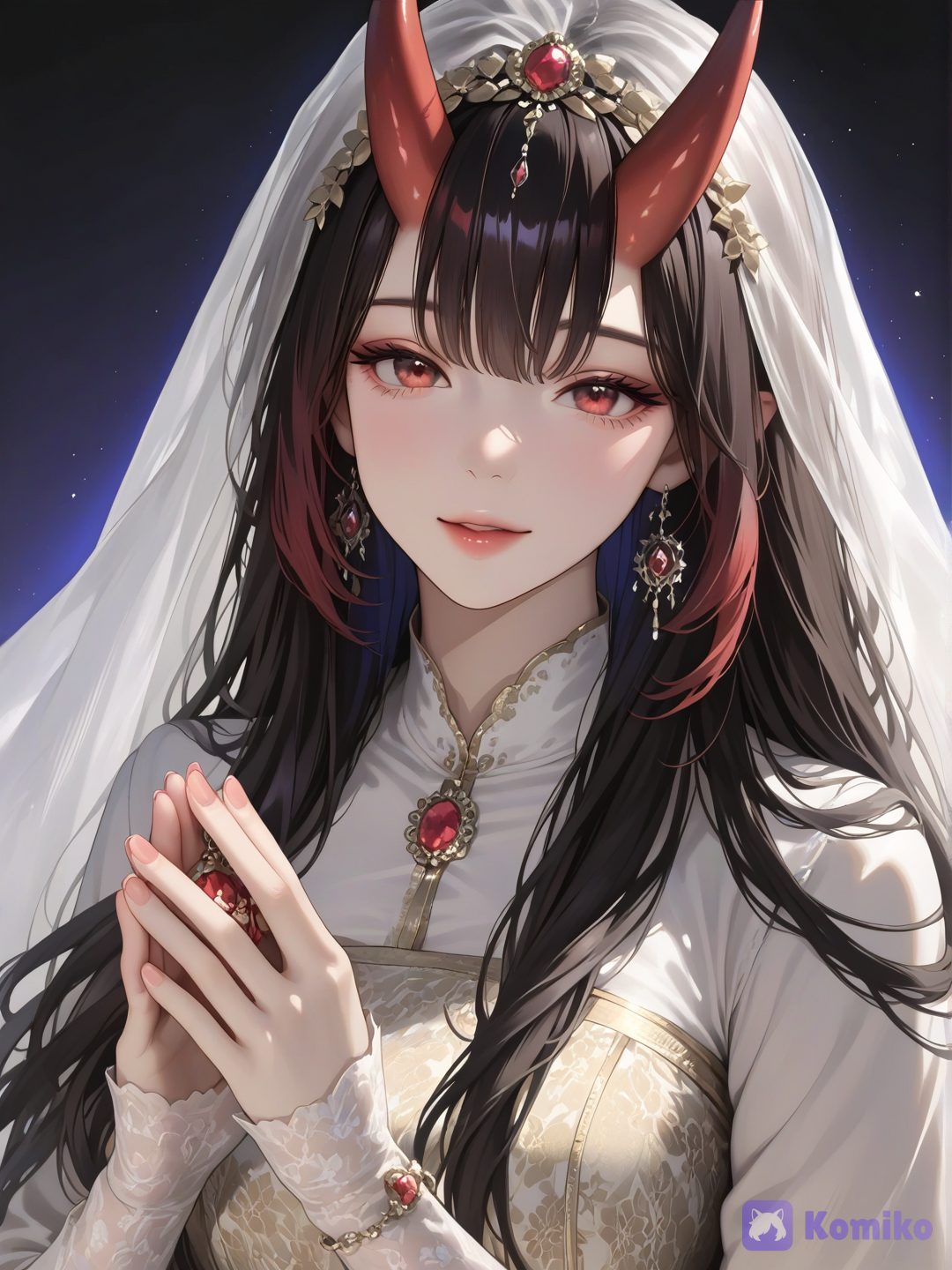 Oni Bride, elegant supernatural bridal portrait, single female character, three-quarter frontal view, upper-body to waist composition, character occupying the lower and central portion of the frame, slightly positioned toward the lower center, large negative space above her head, deep crimson monochromatic background, subtle dark red gradient, large faded traditional oni wedding emblem centered in the upper background, the emblem clearly visible and unobstructed, long flowing black hair, softly layered hair without excessive individual strand detailing, two elegant curved crimson oni horns emerging from an elaborate bridal headdress, extremely ornate traditional East Asian bridal crown, intricate gold filigree, red gemstones, blue gemstones, pearls, dangling beaded ornaments, delicate golden chains, floral ornaments, long jeweled tassels framing the face, translucent red bridal veil flowing behind her, luxurious deep red ceremonial wedding robe, layered sleeves, rich crimson fabric, deep navy and royal blue embroidered panels, intricate gold floral embroidery, red flowers, subtle purple and lavender fabric accents, fine pearl borders, ornate gold waist ornament, elegant layered collar, one hand raised near her lips holding a small red wedding charm, the other hand extended gracefully to the side with delicate fingers, thin scarlet red threads wrapped around her fingers and wrists, several red threads extending diagonally across the composition, symbolizing an unbreakable fated bond, glowing translucent butterflies around her, tiny warm golden particles, subtle crimson petals, dramatic but soft lighting, warm golden highlights on jewelry, cool blue-purple reflections in the clothing and ornaments, strong red and gold dominant palette with carefully balanced blue, violet and pink accents, luminous jewelry, refined contrast, atmospheric depth, delicate soft rim lighting around the silhouette, elegant dark fantasy, Japanese folklore inspired, mystical wedding ritual atmosphere, hauntingly beautiful, sophisticated anime illustration, painterly digital art, polished linework, soft painterly rendering, rich layered colors, intricate ornamental design, balanced composition, clean visual hierarchy, cinematic portrait, highly cohesive color palette, no modern elements, no extra characters, no second bride, no duplicate person, no excessive hair strands, no cluttered background, no oversized character covering the upper emblem, no full body, no text, [luminous-k-portrait-style]