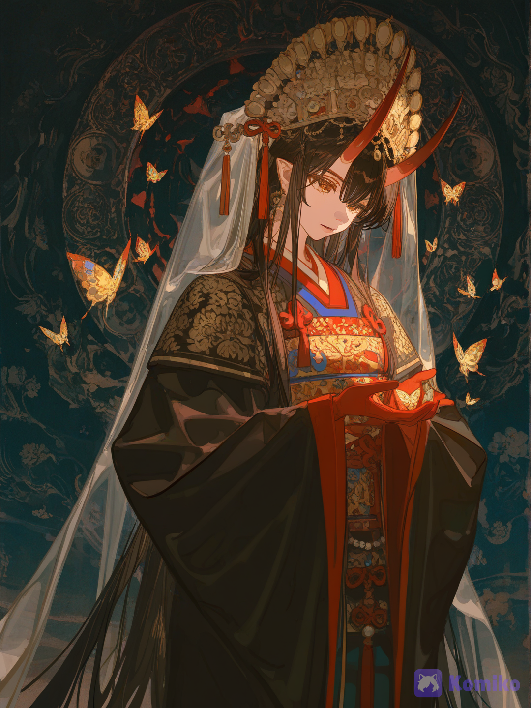 Oni Bride, single female character, three-quarter frontal view, upper-body to waist composition, character large in the lower center, deep crimson plain background, faded oni wedding emblem above her, long black hair, elegant curved red oni horns, elaborate traditional East Asian bridal headdress with gold filigree, pearls, blue and red gemstones, long jeweled tassels, layered ceremonial wedding robe inspired by late Edo-period and traditional East Asian bridal fashion, deep crimson outer robe with wide flowing sleeves, rich navy-blue embroidered panels, gold floral and phoenix motifs, red brocade inner layers, ornate gold obi, pearl-trimmed edges, translucent red bridal veil, scarlet red threads wrapped around her fingers and crossing the composition, glowing butterflies, elegant dark fantasy, Japanese folklore, painterly anime art style, vibrant red, gold, blue and violet accents, soft rim lighting, clean composition, no excessive hair detailing, no clutter, no other characters, [dazzling-illustration-style]
