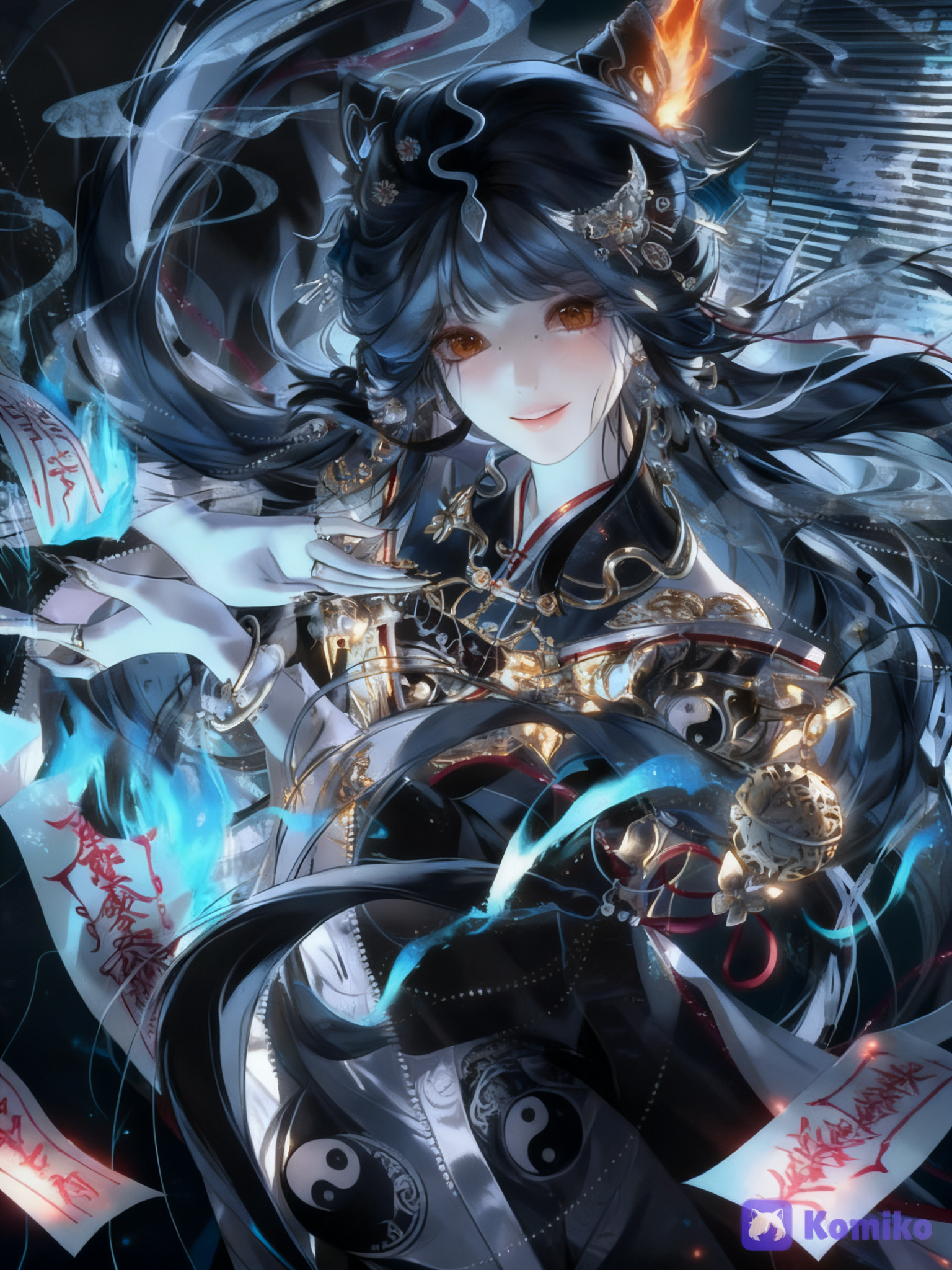 An intricately anime-style illustration of a beautiful, pale-skinned female character with long, flowing dark hair adorned with silver hairpins and hair accessories. She has large, soulful brown eyes, delicate features, and a gentle smile. She is dressed in elaborate, dark, and silver clothing with traditional East Asian patterns, including yin-yang symbols and ornate metallic decorations. Her hands are gracefully posed, and she is surrounded by mystical elements, including glowing blue fire, swirling ethereal energy, and paper talismans written with red script. The overall atmosphere is magical, dark fantasy, and luminous., 1000028105