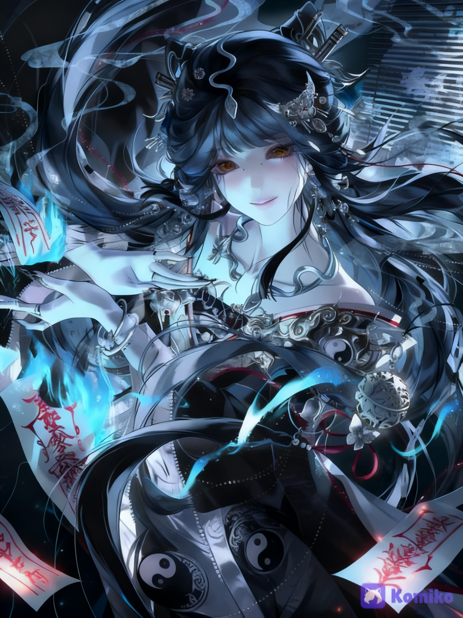 An intricately anime-style illustration of a beautiful, pale-skinned female character with long, flowing dark hair adorned with silver hairpins and hair accessories. She has large, soulful brown eyes, delicate features, and a gentle smile. She is dressed in elaborate, dark, and silver clothing with traditional East Asian patterns, including yin-yang symbols and ornate metallic decorations. Her hands are gracefully posed, and she is surrounded by mystical elements, including glowing blue fire, swirling ethereal energy, and paper talismans written with red script. The overall atmosphere is magical, dark fantasy, and luminous., 1000028105