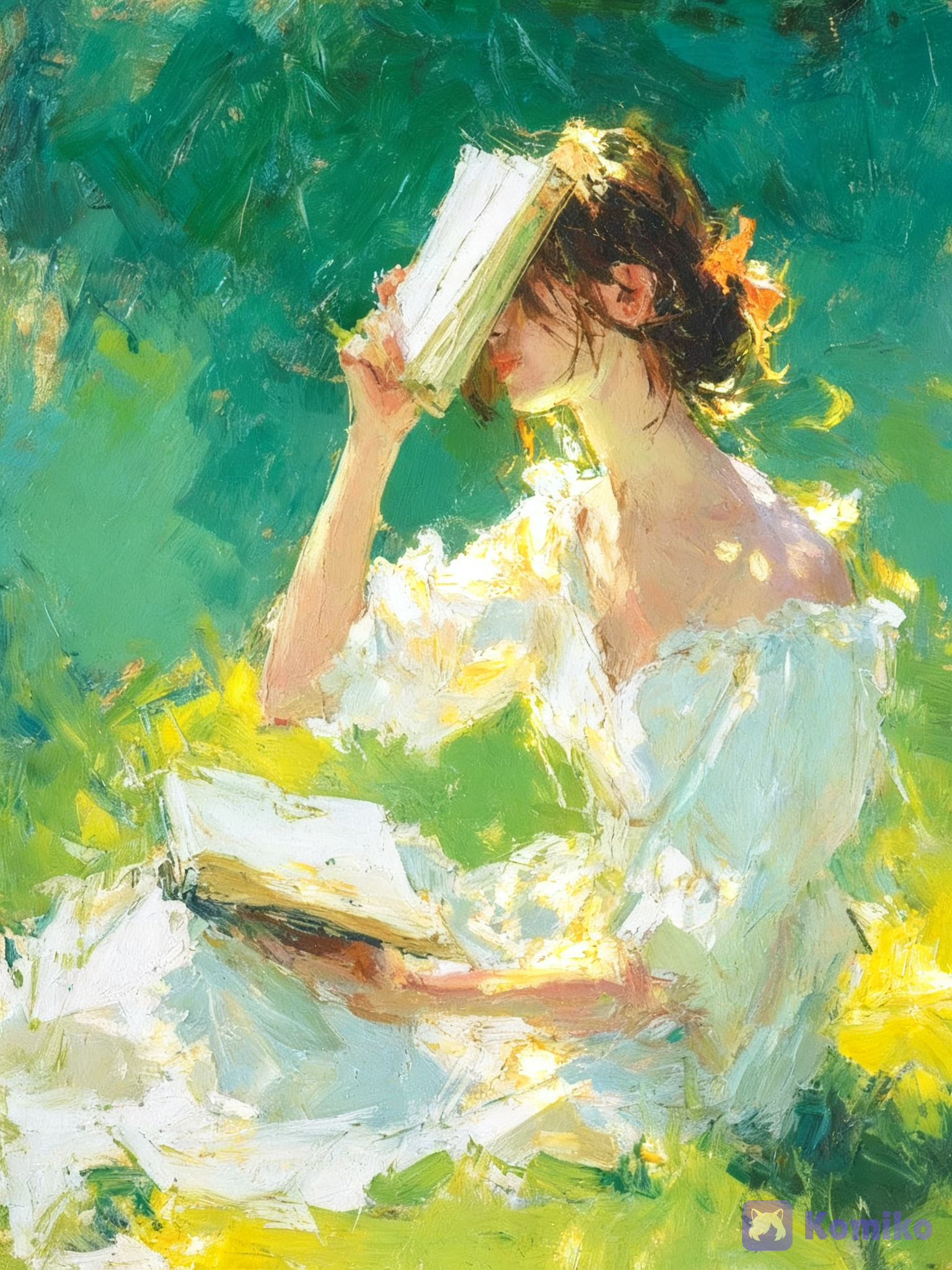 A beautiful young woman sitting peacefully outdoors in a lush green garden, holding an open book over her face as she reads. Her dark brown hair is loosely tied into a soft messy bun with a few delicate strands falling naturally around her face. She wears a flowing white off-shoulder dress with soft ruffled sleeves and a light, airy fabric, creating an elegant and romantic feeling. Another open book rests naturally across her lap. She sits surrounded by fresh green grass and subtle wild plants, completely immersed in reading. The composition is relaxed and intimate, capturing a quiet summer afternoon. The entire scene is painted in a **loose expressive impressionist oil painting style**, with thick visible brushstrokes, layered paint, textured canvas, painterly edges and intentionally unfinished details. Use broad energetic brushstrokes rather than precise linework. The woman's face, hair and clothing should blend naturally into the surrounding brushwork while remaining recognizable. A rich **emerald green and turquoise-green background** fills the scene, mixed with fresh lime green, mint, pale aqua, warm cream and soft golden yellow highlights. Dappled natural sunlight filters through the foliage, creating bright patches of light across her dress, hair and the grass. Soft pastel highlights, vibrant but slightly muted colors, warm natural lighting, atmospheric depth, organic color blending, expressive paint texture, visible individual brush marks, artistic imperfections, traditional oil-on-canvas feeling, dreamy summer atmosphere, elegant composition, painterly . No photorealism, no 3D CGI, no clean digital lineart, no anime rendering, no glossy skin, no sharp artificial details, no excessive saturation, no smooth airbrushing, no overly background, no HDR.
Portrait color