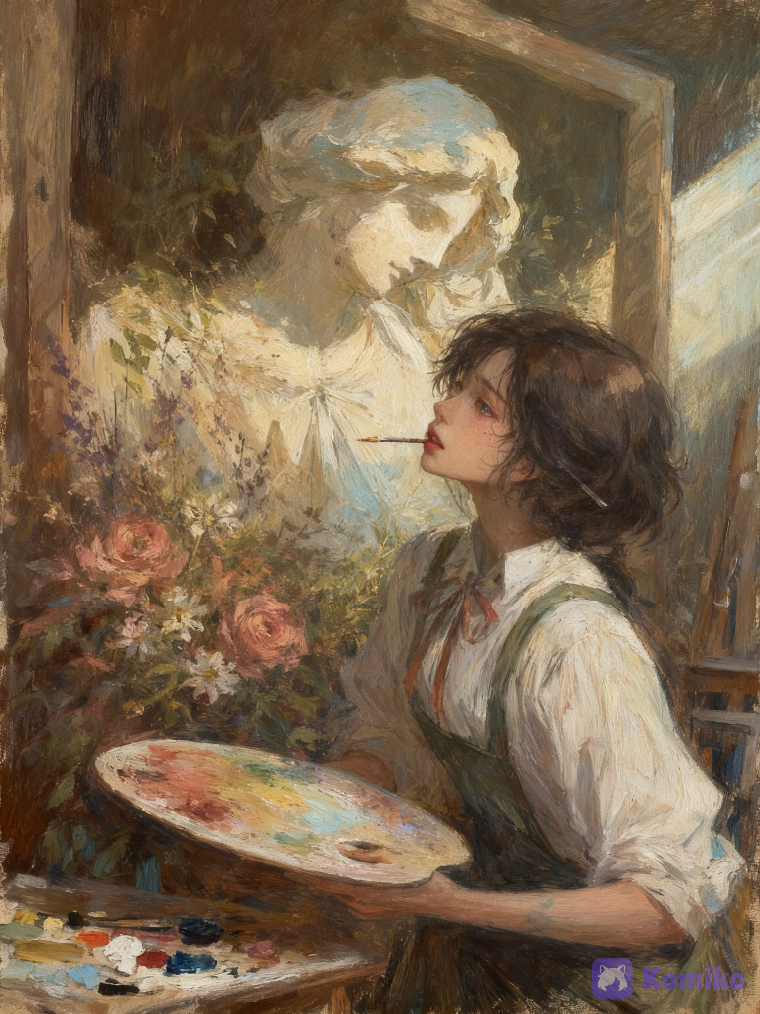 A young female artist in a quiet, atmospheric setting, captured in a natural candid moment as she pauses from painting. She holds a thin artist's paintbrush gently between her slightly parted lips while thoughtfully looking ahead, creating the casual gesture of a painter momentarily resting her brush. Her eyes carry a subtle, quiet sadness — soft, reflective, and slightly wistful, as if she is lost in thought. The emotion should be understated and natural, expressed mainly through her eyes and relaxed facial expression. No tears, no exaggerated sorrow, no dramatic crying expression. Her hair is naturally loose and slightly tousled, falling softly around her face and shoulders. Keep the hair simple and painterly, using larger grouped shapes and a few loose strands rather than rendering every individual strand. Avoid overly intricate hair details or artificial-looking strand patterns. She wears a simple, elegant artist's outfit with naturally flowing fabric and subtle wrinkles. Include a painter's palette with loosely mixed pigments and a few painting materials nearby, giving the scene an authentic artist's atmosphere. Traditional-inspired digital oil pastel painting, thick expressive brushstrokes, layered pigments, soft blended colors, visible oil pastel texture, subtle impasto, slightly rough painterly edges, broken color, organic color transitions, delicate canvas texture, loose impressionistic brushwork, handcrafted traditional painting feeling. Use a sophisticated muted palette with warm earthy browns, soft cream, dusty rose, muted ochre, sage green, olive, pale blue, and subtle lavender accents. Warm and cool tones should blend naturally rather than appearing as separate blocks of color. Soft directional natural lighting, gentle highlights and subdued shadows, atmospheric depth, subtle reflected light on the skin and hair, realistic but painterly illumination. Keep the contrast controlled and elegant; no excessive glow, bloom, HDR, or dramatic spotlight. The overall image should feel intimate, poetic, slightly melancholic, and genuinely hand-painted rather than digitally polished. Avoid photorealism, glossy rendering, 3D appearance, anime cel shading, clean vector lines, hyper-hair, excessive individual strands, overly sharp facial features, plastic skin, excessive bloom, HDR, oversaturation, neon colors, dramatic tears, exaggerated sadness, excessive details, repetitive AI textures, perfect symmetry, and an obvious AI-generated appearance.