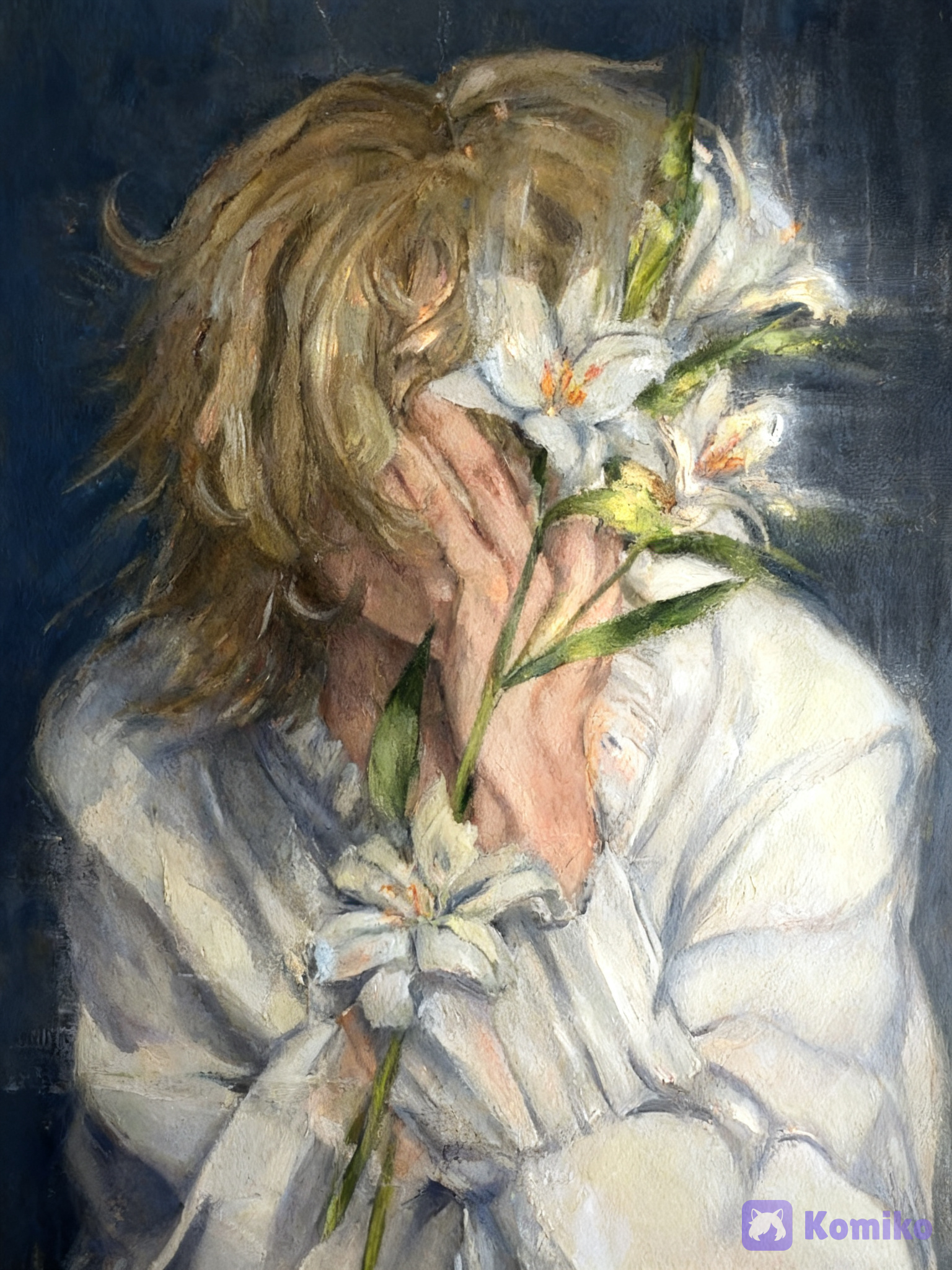 A melancholic young woman sitting quietly in a dim, intimate setting, her upper body turned slightly toward the viewer. She has soft, tousled light brown hair falling naturally around her face and neck, with loose painterly strands framing her features. She gently covers most of her face with both hands, her fingers resting softly against her cheeks and partially hiding her eyes and nose. A small bouquet of delicate white lilies is held close to her face, with several flowers naturally overlapping and obscuring part of her features. The flowers are fresh and elegant, with long white petals, subtle yellow-orange centers, slender green stems, and a few elongated green leaves. Another small white lily rests near her wrist and sleeve, creating a subtle connection between the flowers and her pose. Her hands and fingers look relaxed and natural, conveying a quiet, withdrawn emotion rather than dramatic distress. She wears a loose, simple white blouse with soft folds and slightly oversized sleeves. The fabric is painted with muted cool gray, pale blue, and creamy white tones, with gentle shadows defining the folds. Her posture is slightly hunched and inward, as if she is hiding behind the flowers and her own hands. The overall expression should feel shy, vulnerable, introspective, and quietly melancholic. Traditional oil pastel painting on textured canvas, soft impasto, visible broad brushstrokes, layered pigments, slightly rough painterly edges, soft broken colors, subtle dry-brush texture, natural pigment variation, expressive but restrained brushwork. The face, hands, hair, clothing, and flowers should all share the same painterly texture and should not look separately rendered. Use a restrained cool-toned palette of charcoal blue, deep navy, muted gray, dusty beige, pale ivory, soft white, muted sage green, and very subtle warm peach tones on the skin and flower centers. The dark bluish background should contrast gently with the pale blouse and white lilies. Soft diffused lighting, very subtle highlights on the flowers, hands, hair, and fabric, gentle shadows, low contrast, quiet atmospheric depth. Keep the image intimate and subdued rather than dramatic or heavily illuminated. The composition should feel like a traditional emotional portrait captured in a single quiet moment, with the bouquet acting almost like a veil over her face. Avoid photorealism, glossy digital rendering, anime-style facial features, sharp lineart, excessive detail, hyper-individual hair strands, plastic skin, overly smooth gradients, excessive bloom, HDR, oversaturation, dramatic lighting, exaggerated sadness, tears, crying, distorted hands, extra fingers, malformed flowers, or an obvious AI-generated appearance.