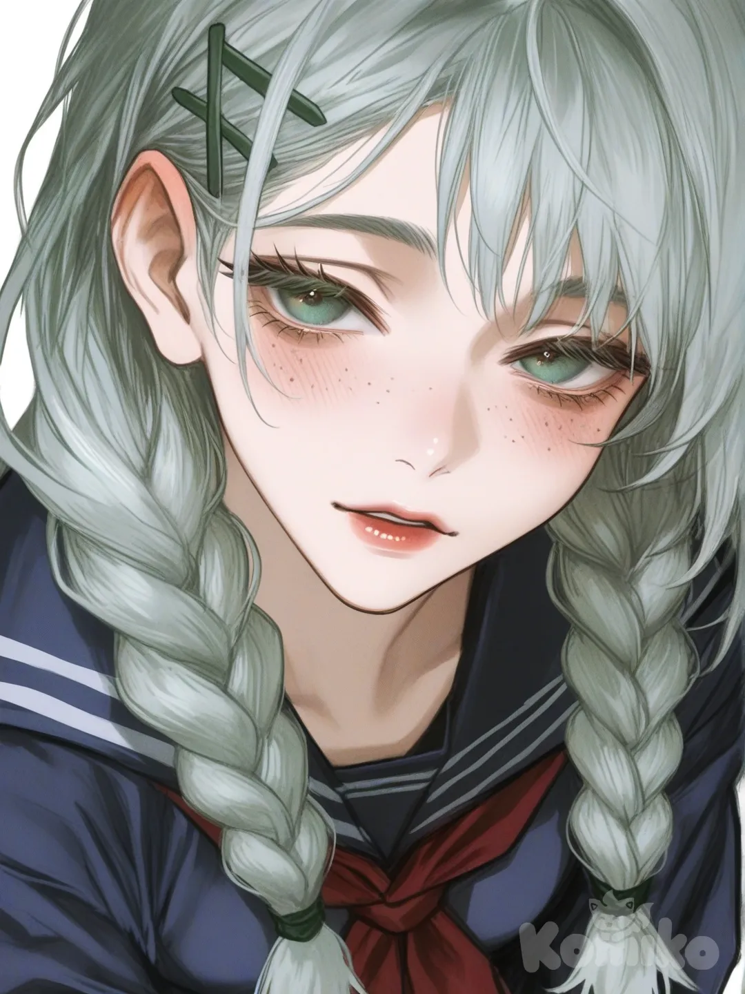 [semi-realistic-portrait-style] 1girl, jujutsu_kaisen, original_character, teen, curvy, petite, silver_hair, braids, green_eyes, freckles, olive_skin, fair_skin, school_uniform, pleated_skirt, plaid_shirt, hairpin, single character, full body, looking at viewer, anime style, simple background, white background