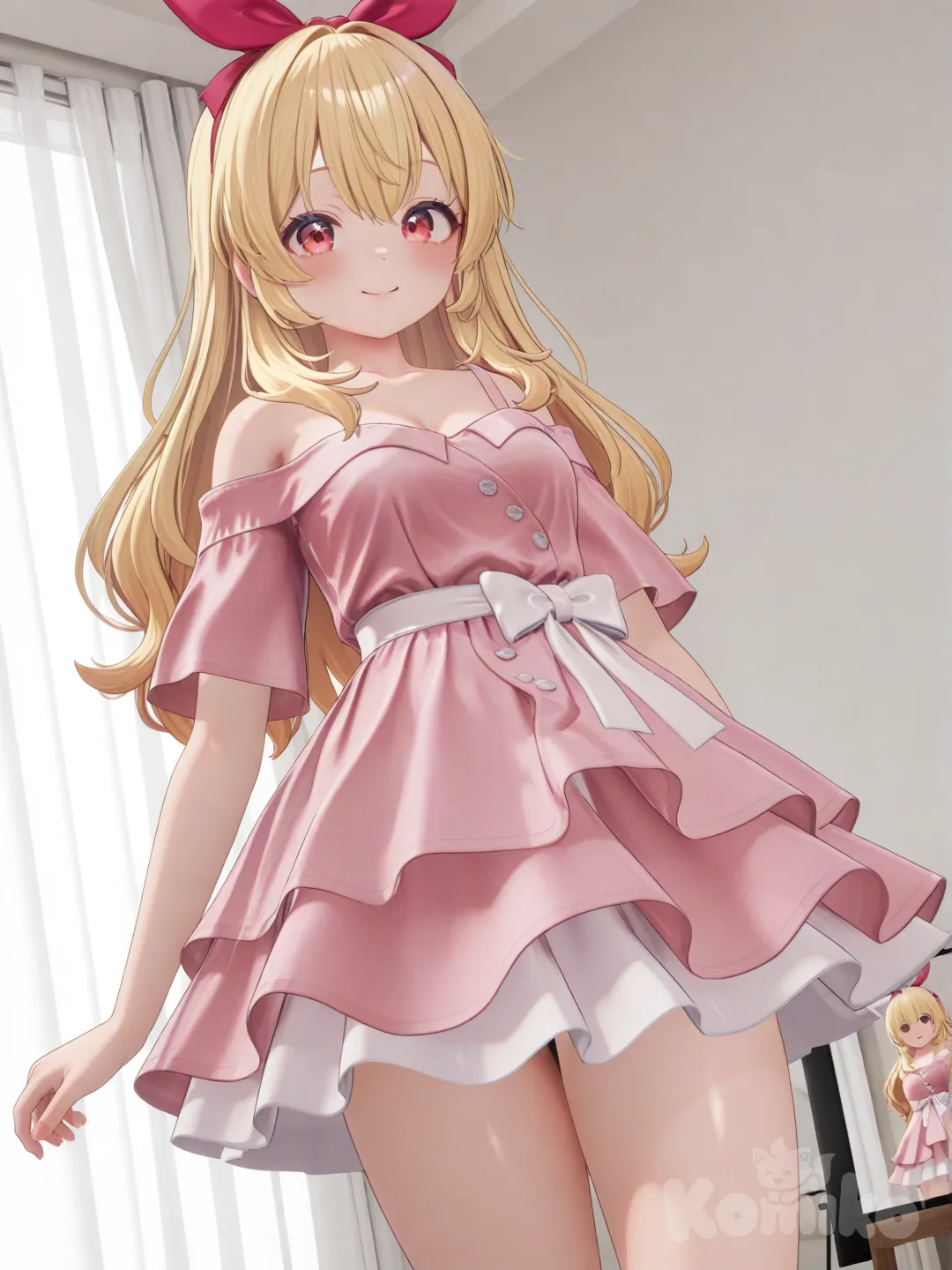 Hoshimiya Ichigo mặc váy trễ vai, có nơ ở eo, chân váy xòe làm bằng lụa , màu hồng, [3d-anime-style]