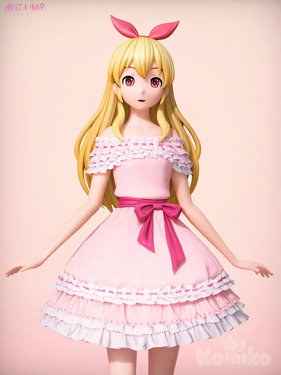 [mmd-style], Hoshimiya Ichigo mặc váy trễ vai, có nơ ở eo, chân váy xòe làm bằng lụa , màu hồng
