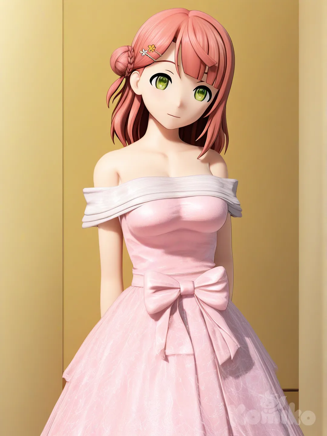 @Uehara_Ayumu, [mmd-style] mặc váy trễ vai, có nơ ở eo, váy xòe lụa màu hồng, ngực to