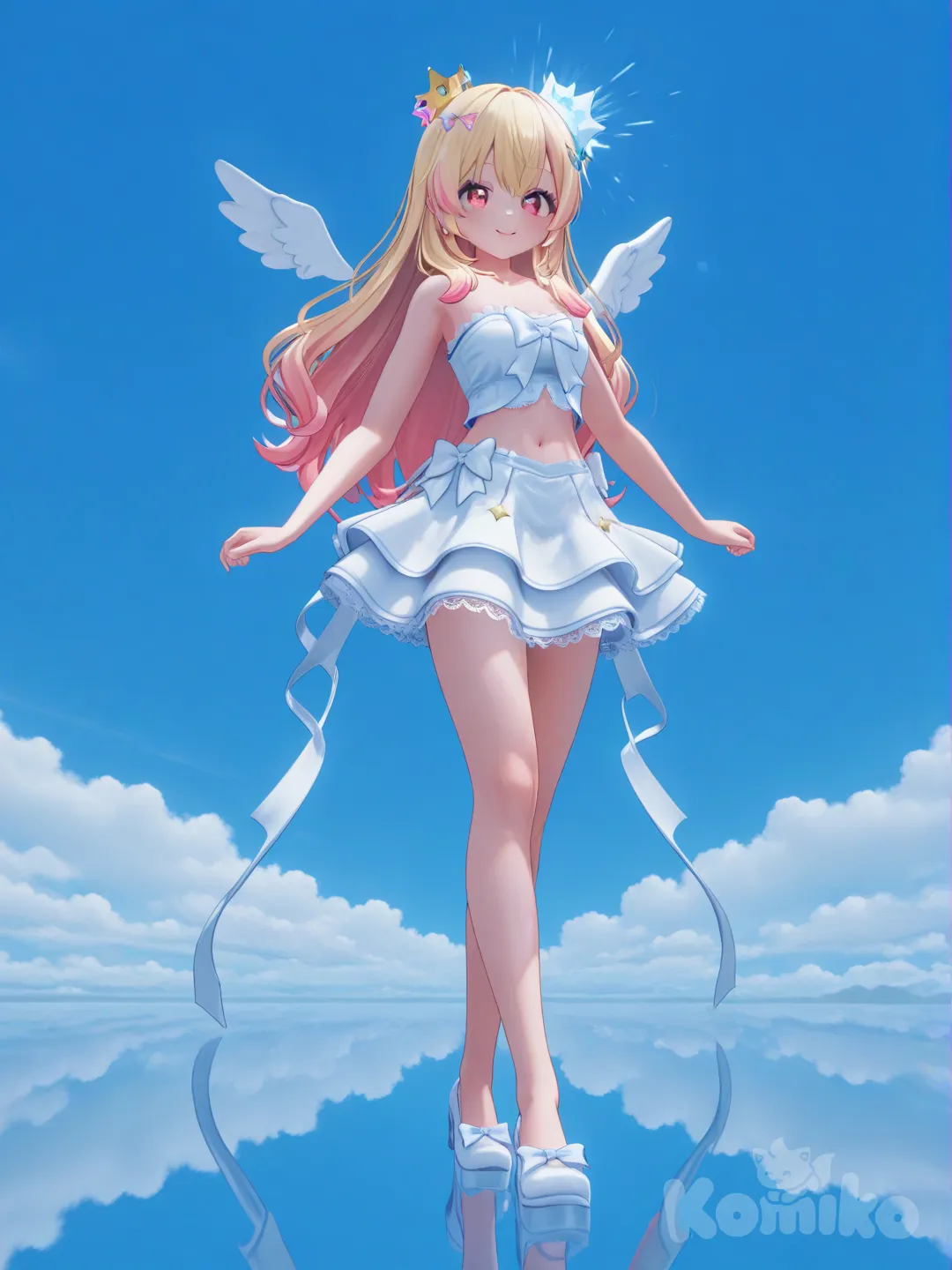 Hoshimiya Ichigo, mặc váy cúp ngực, có ren, hở bụng, chân váy xòe, có nơ ngôi sao dài, có ren, đầu đội vương miện ngôi sao lấp lánh , có cánh thiên thần, màu sắc trang phục hài hòa, chủ đạo là màu da xanh da trời, trắng, hồng, [3d-anime-style]