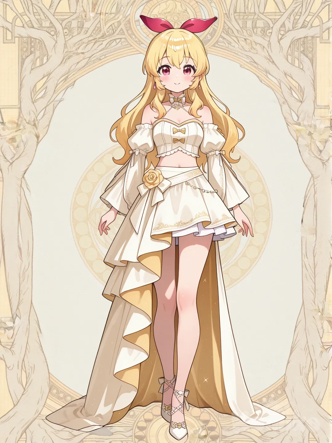 Hoshimiya Ichigo mặc váy cúp ngực, hở bụng, thân xòe, nhiều tầng, có tay áo trễ xuống, có nơ dây ở sau cổ, có hai bông hoa hồng 1 to 1 nhỏ ở eo, chân váy xòe trước ngắn sau dài