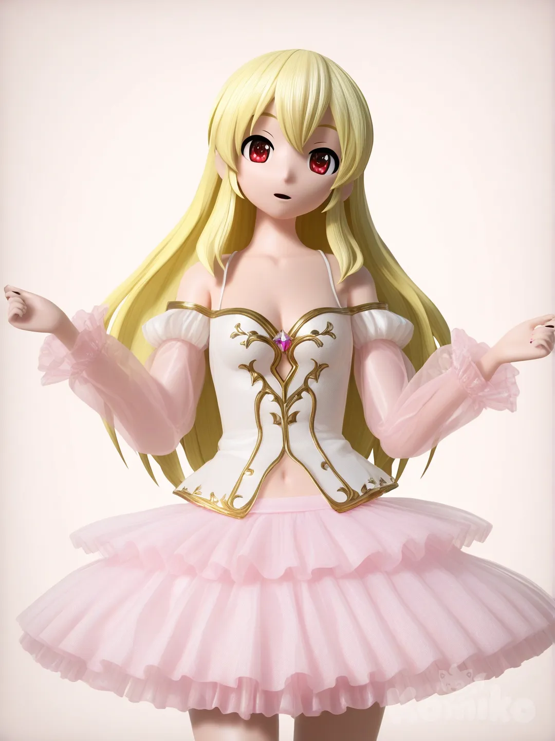 Hoshimiya Ichigo mặc áo hai dây, hở ngực, có tay áo trễ vai, xòe, mặt áo có đính vàng, kim cương, chân váy xòe, bồng bềnh,ngắn, có vải mỏng tủa xuống như con sứa, [mmd-style]