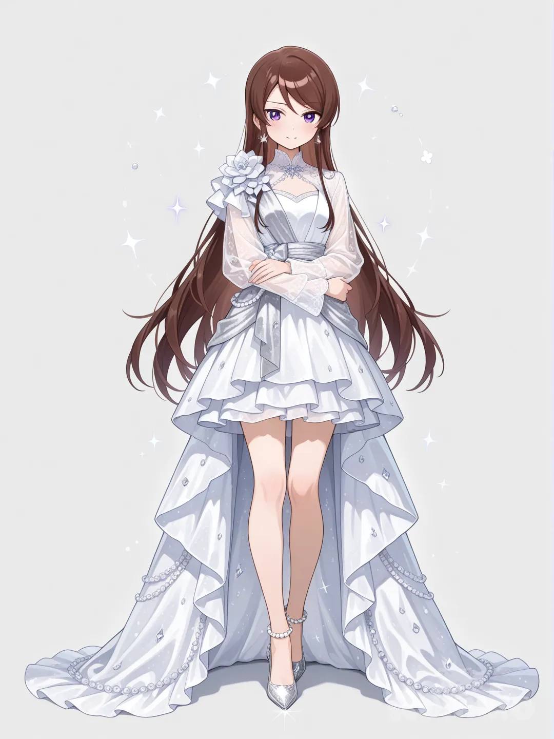 shibuki ran, mặc váy dài màu trắng chụm vào chân, có hoa và kim cương màu bạc chéo từ eo lên hay vai, có tay áo dài bó vào tay màu trong suốt, đi giày cao gót màu vàng lấp lánh có hạt cườm ngọc trai ở cổ chân