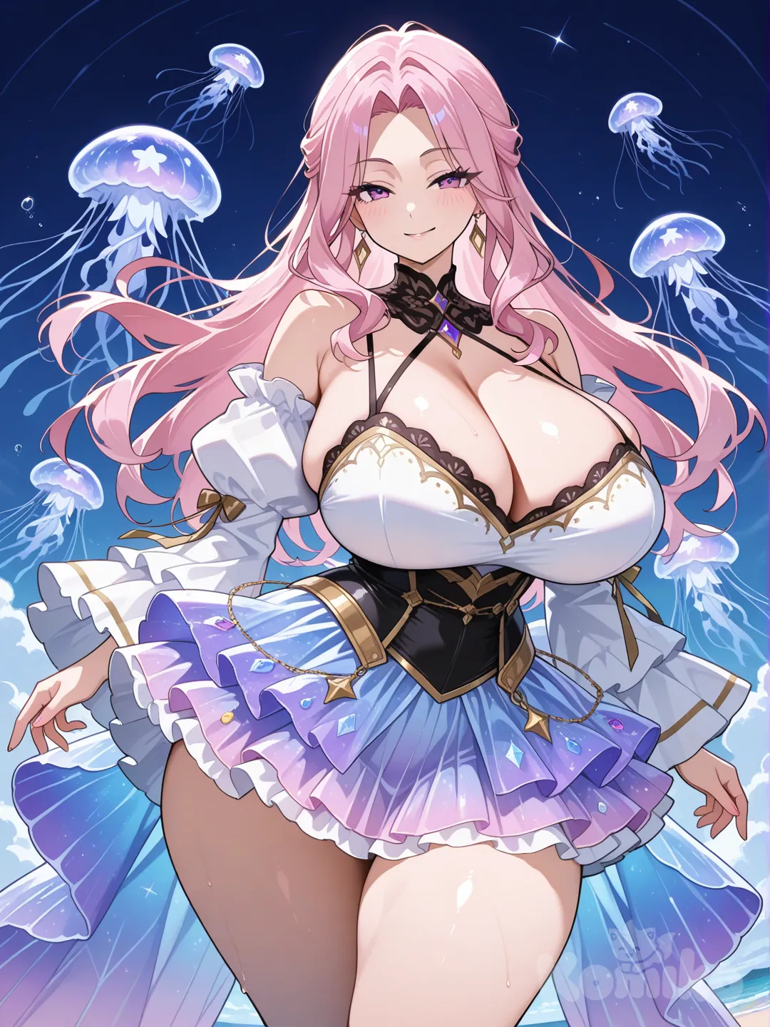 Kanzaki Mizuki, mặc áo hai dây, hở ngực, có tay áo trễ vai, xòe, mặt áo có đính vàng, kim cương, chân váy xòe, bồng bềnh,ngắn, có vải mỏng tủa xuống như con sứa