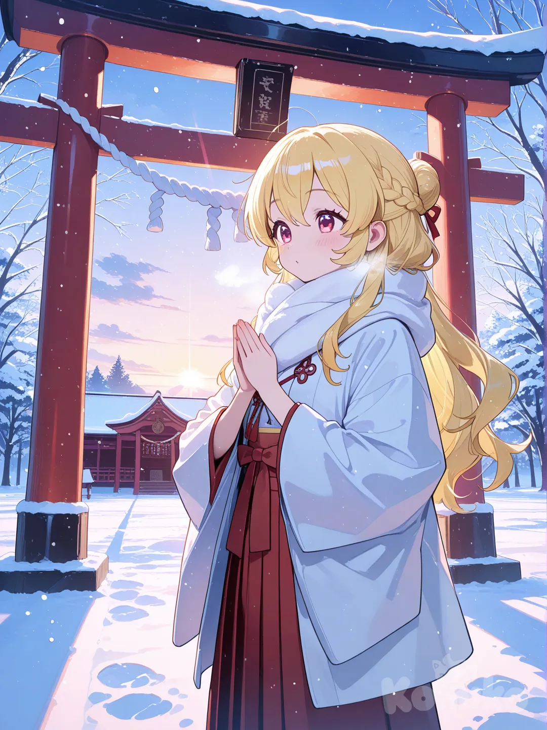 Hoshimiya Ichigo, đứng dưới ngôi đền, anhs nắng bình minh, tuyết rơi, tóc tết sam, xoăn, dài