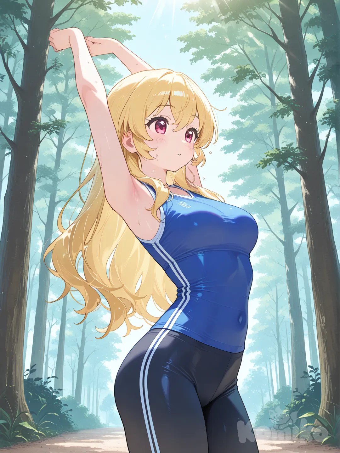 hoshimiya ichigo, tập thể dục ở trong rừng, trời sáng, quang đãng, xõa tóc, mặc quần áo bó sát