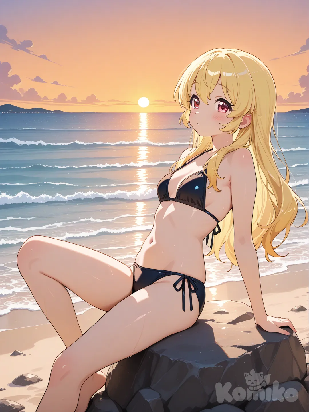 Hoshimiya Ichigo , mặc bi ki ni, ngồi dựa vào tảng đá, tóc xõa , dài, mượt, ở bờ biển, bình minh