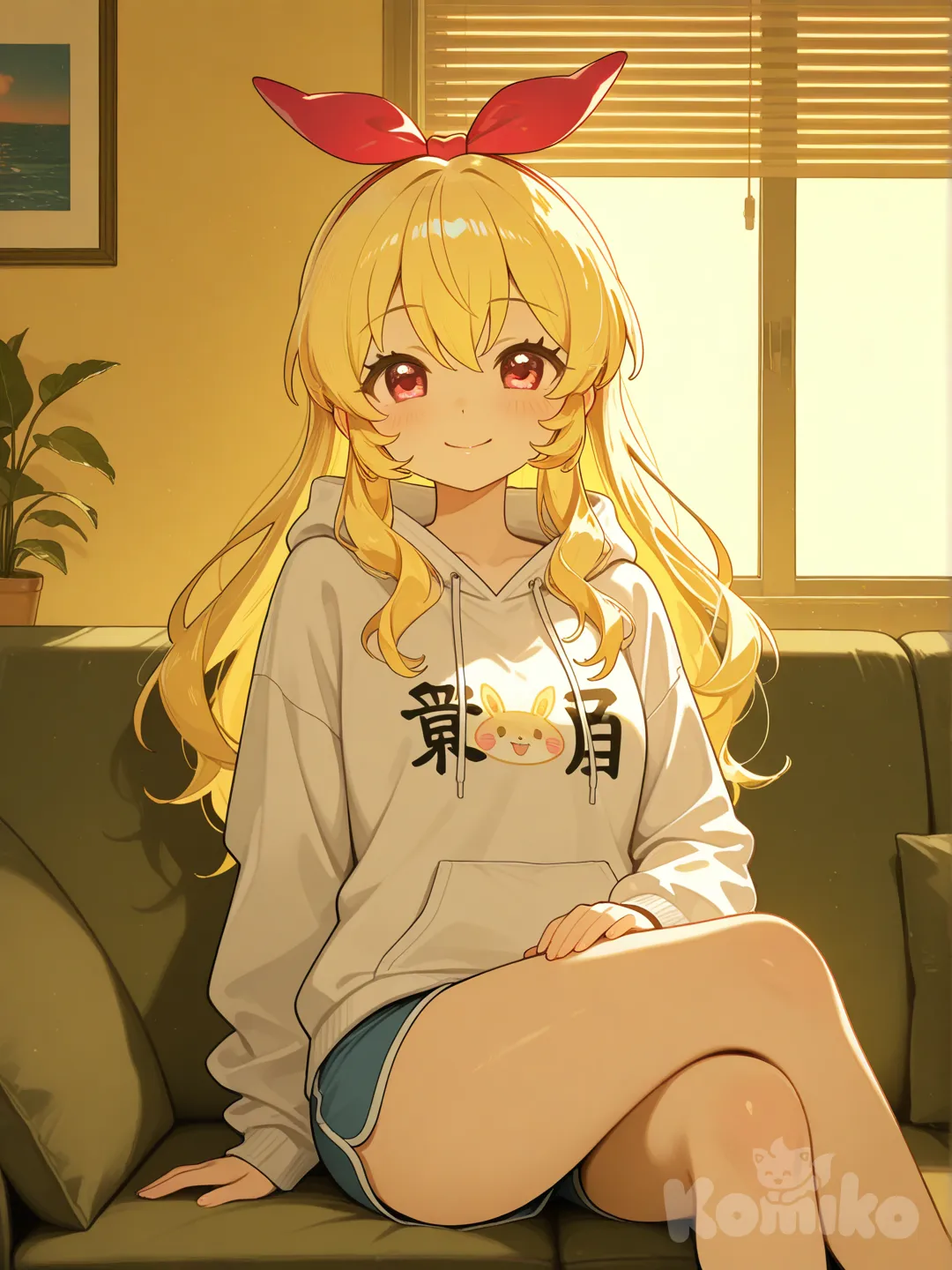 hoshimiya ichigo, ngồi ghế sofa, khoanh chân, mặc áo hoodie, quần ngắn, ngồi cạnh cửa sổ, ánh đèn vàng, không gian chill chill, nhìn chính diện