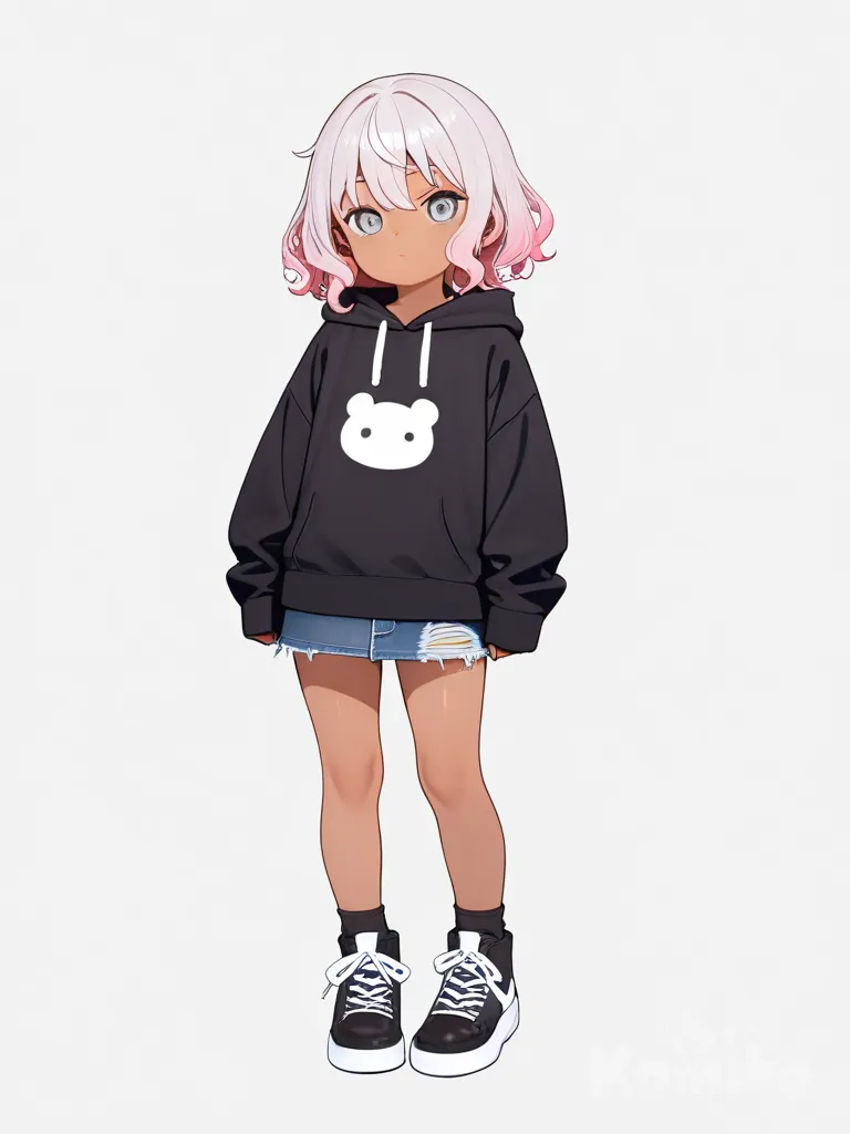 1girl, chibi, teenager, petite, short, pink hair, silver hair, wavy hair, blue eyes, gray eyes, dark skin, hoodie, denim skirt, single character, full body, looking at viewer, anime style, simple background, white background
