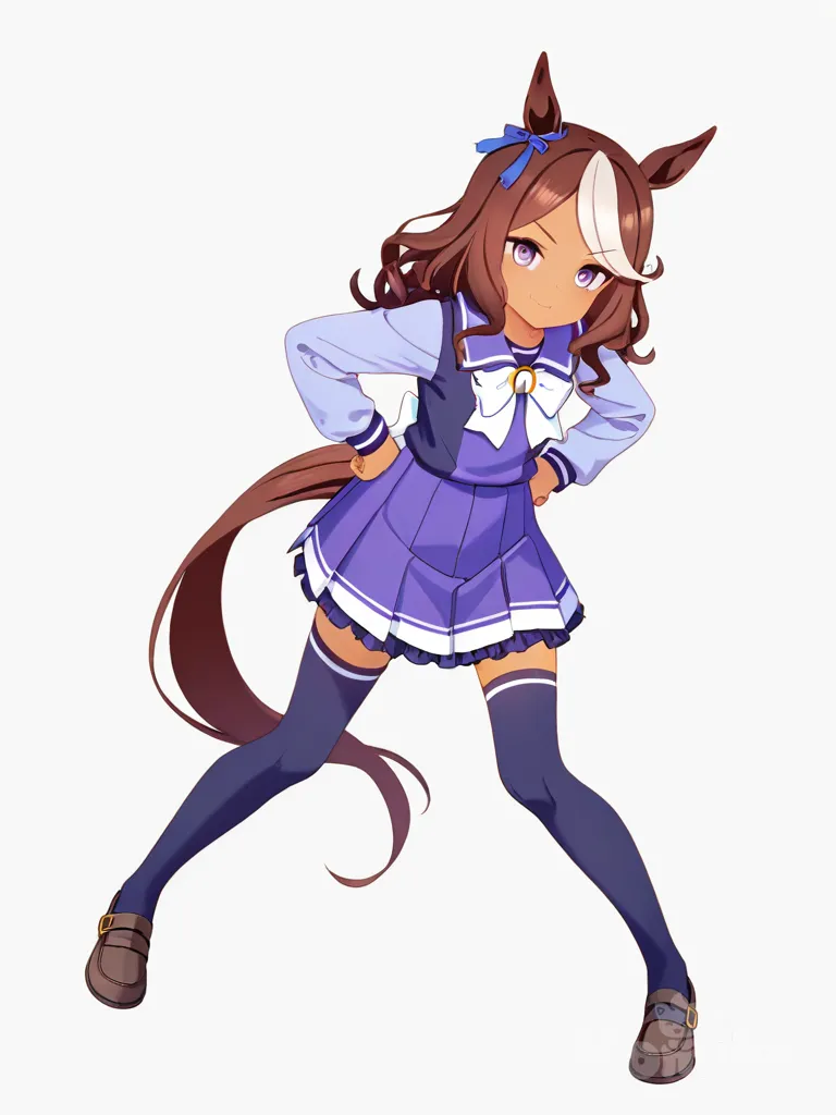 1girl, umamusume, teenager, petite, tall, white hair, maroon hair, wavy hair, blue eyes, purple eyes, tan skin, umamusume uniform, single character, full body, looking at viewer, anime style, simple background, white background